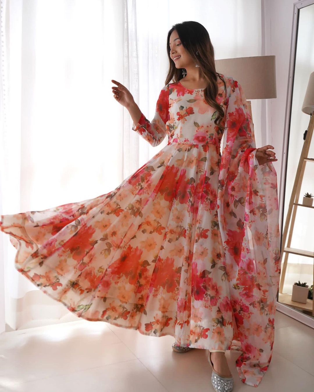Sparkling Fancy Trendy Printed Georgette Anarkali Gown Set With Dupatta