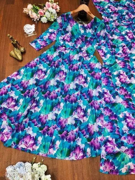 Stylish Fancy Trendy Blue Flower Printed Georgette Anarkali Gown Set With Dupatta