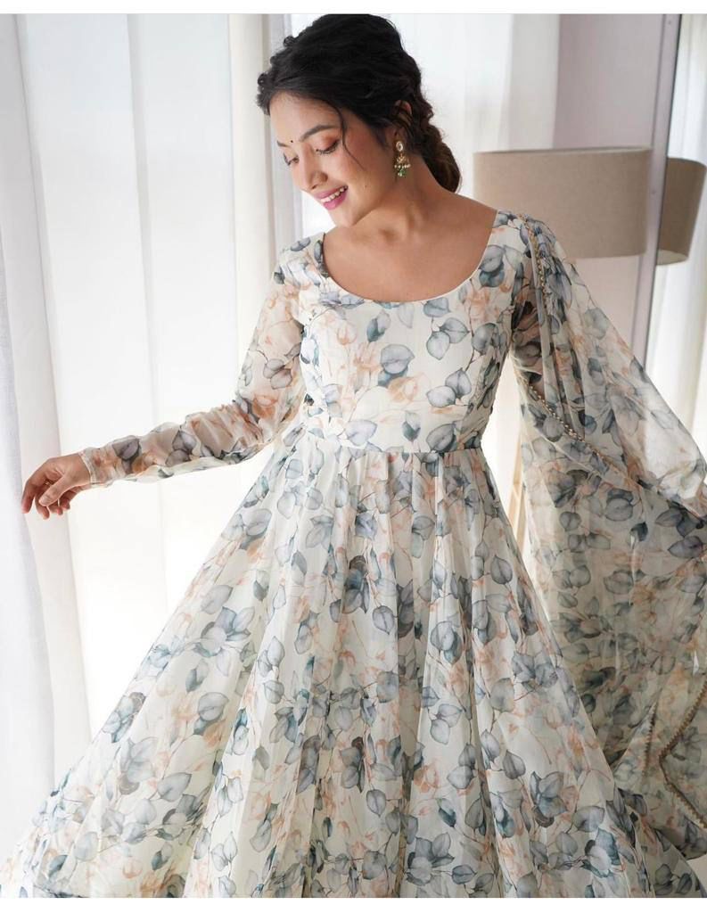 Stylish Fancy Trendy White Printed Georgette Anarkali Gown Set With Dupatta