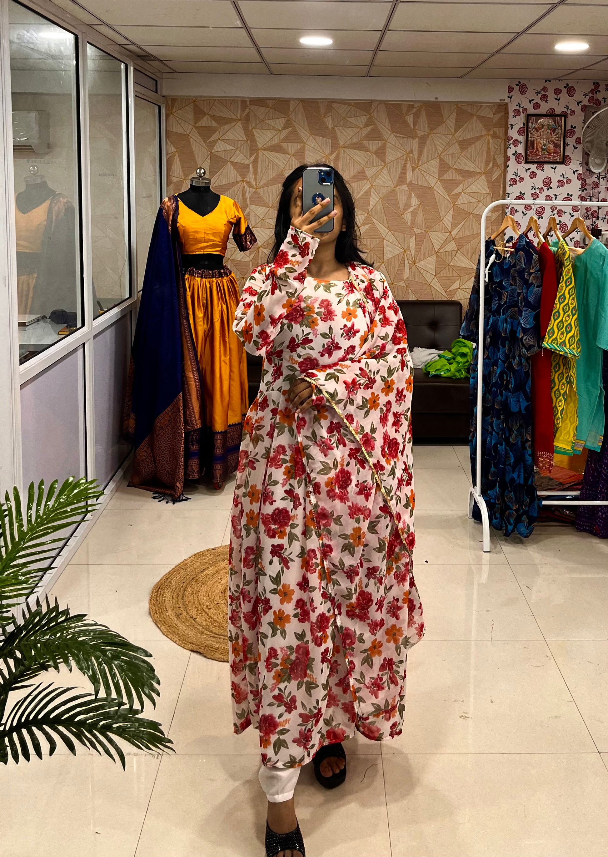 Sparkling Fancy Trendy Printed Georgette Anarkali Gown Set With Dupatta