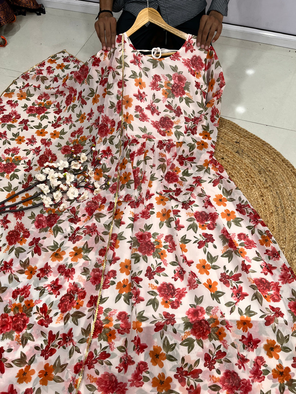 Sparkling Fancy Trendy Printed Georgette Anarkali Gown Set With Dupatta
