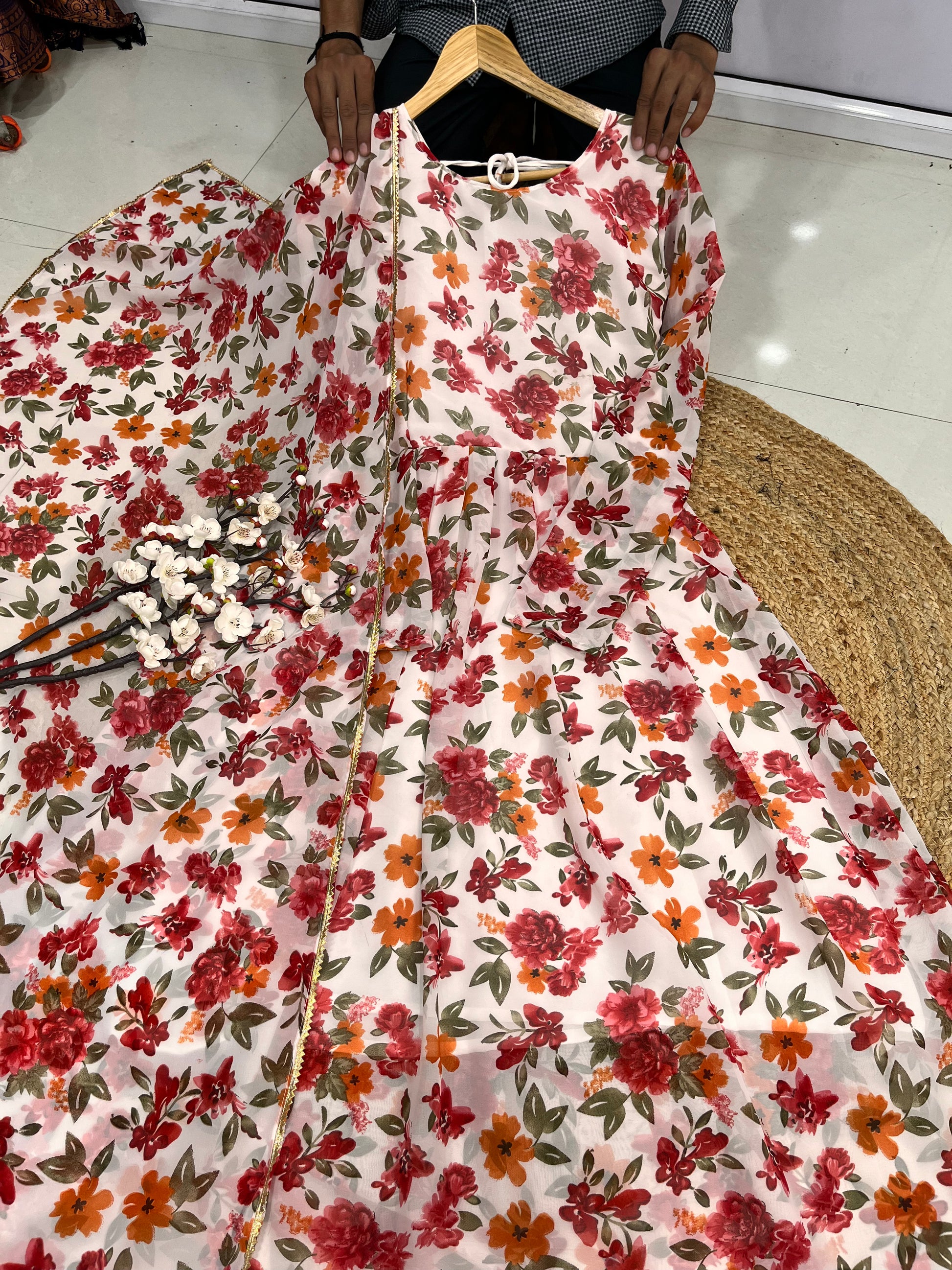 Sparkling Fancy Trendy Printed Georgette Anarkali Gown Set With Dupatta