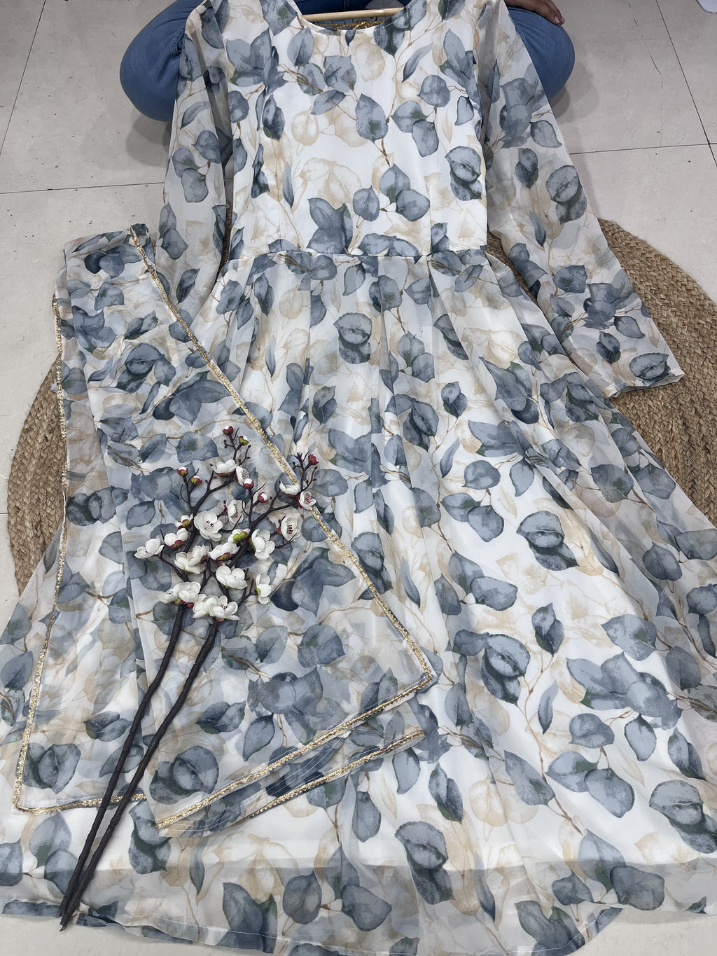Stylish Fancy Trendy White Printed Georgette Anarkali Gown Set With Dupatta