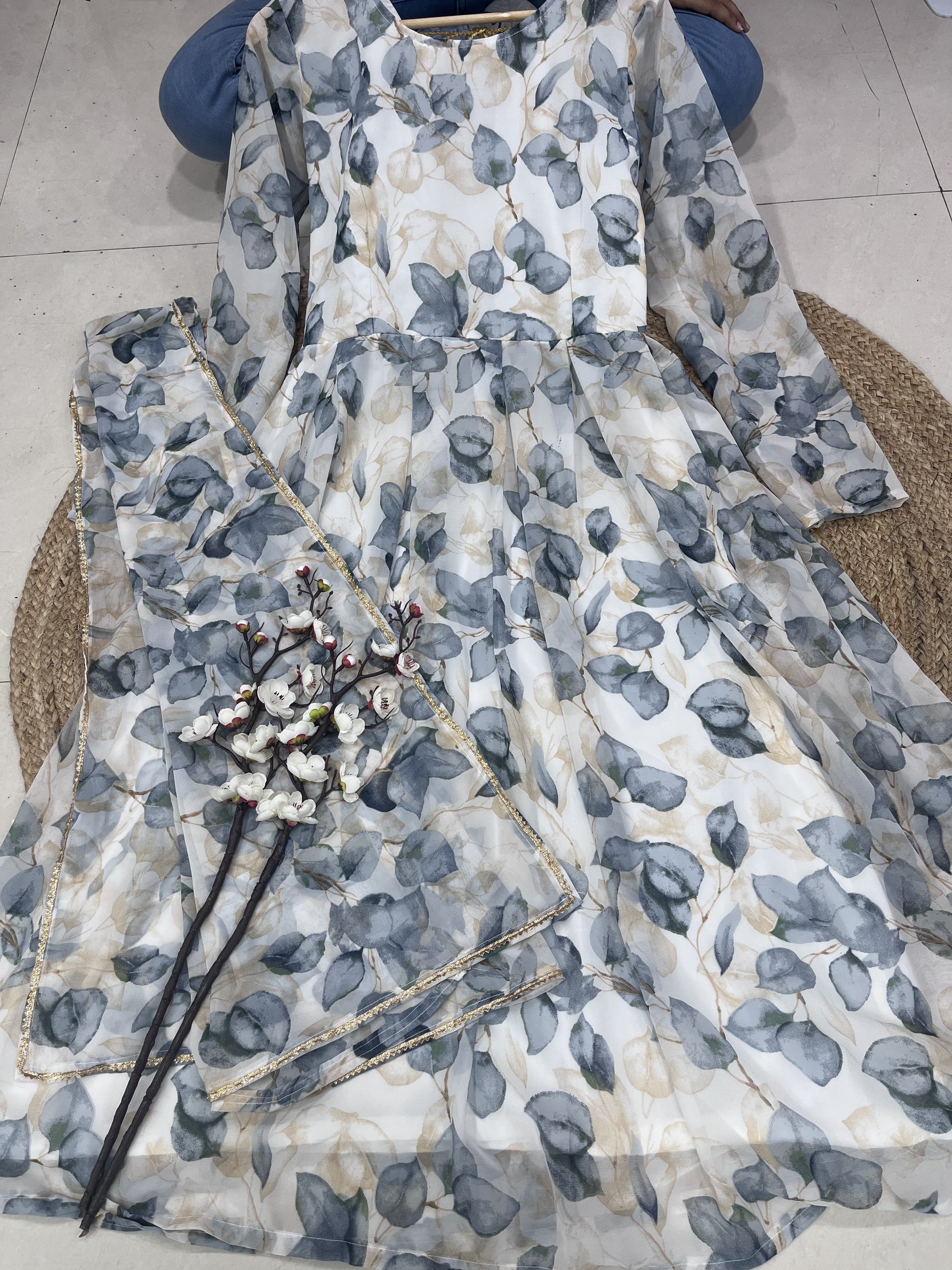 Stylish Fancy Trendy White Printed Georgette Anarkali Gown Set With Dupatta