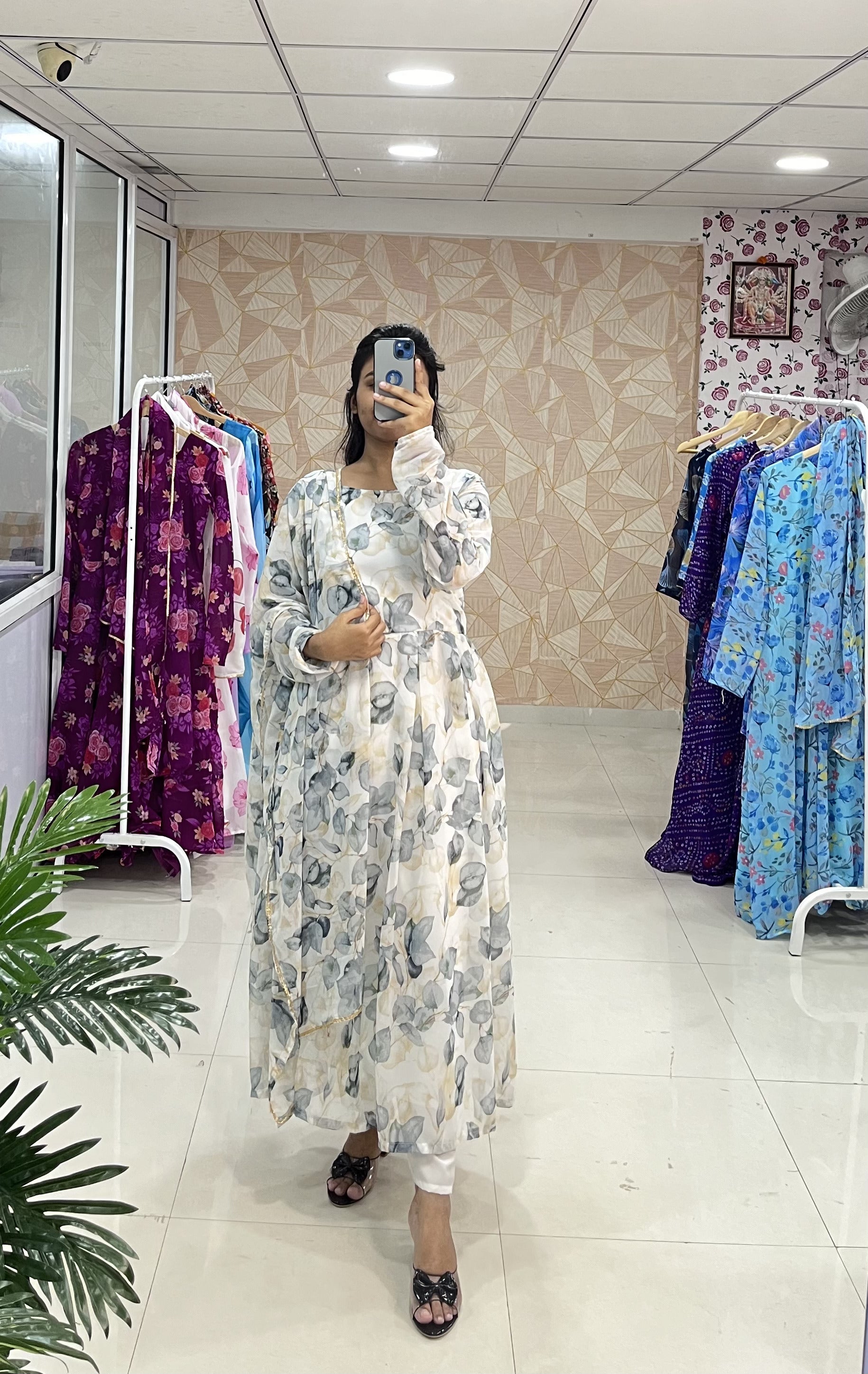 Stylish Fancy Trendy White Printed Georgette Anarkali Gown Set With Dupatta