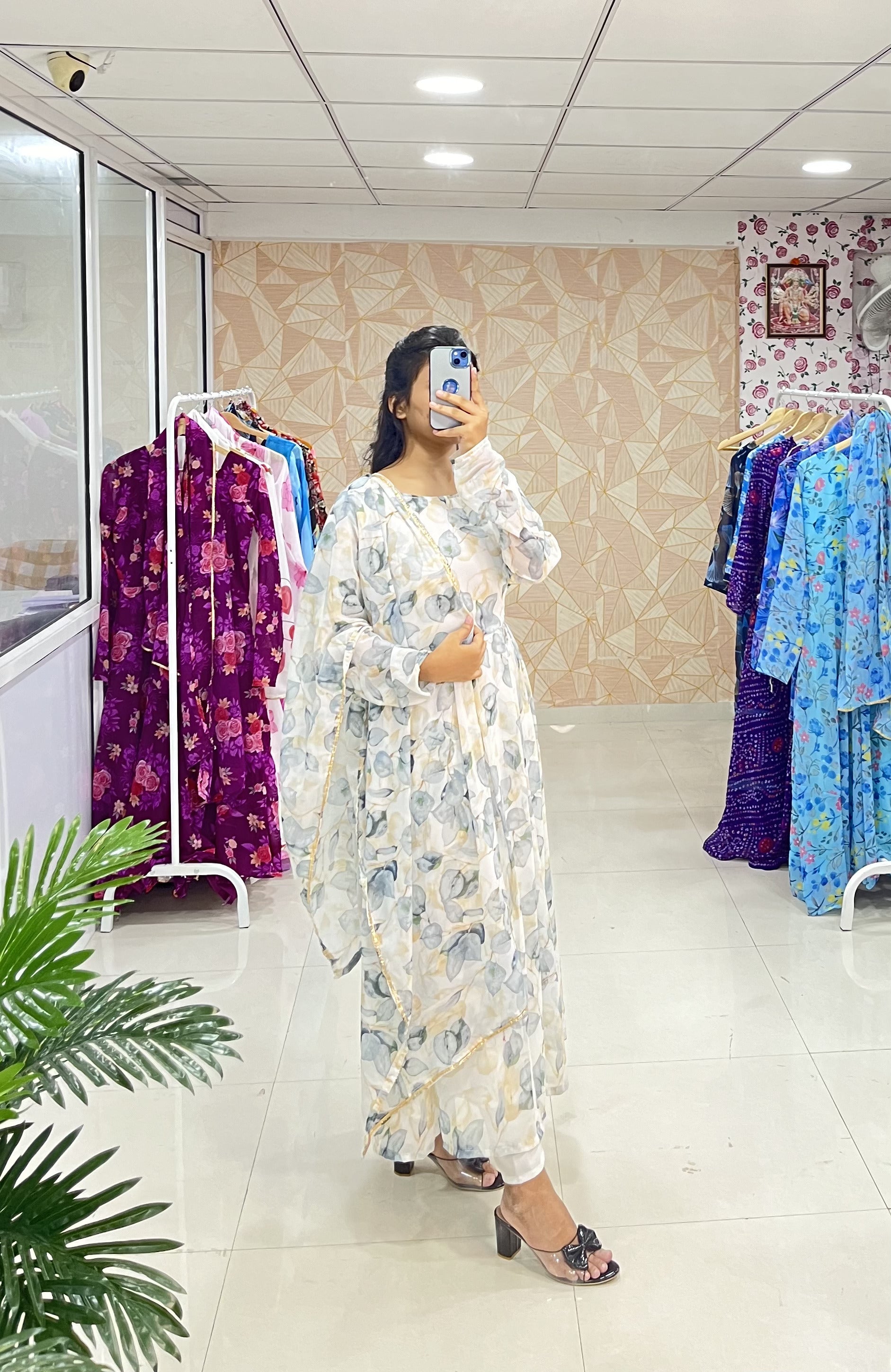 Stylish Fancy Trendy White Printed Georgette Anarkali Gown Set With Dupatta