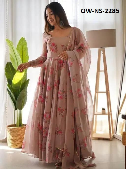 Beautiful Looking Creme Flower Printed Georgette Anarkali Gown with Dupatta