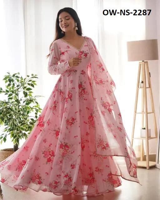 New Flower Printed Beautiful Pink Georgette Anarkali Gown Dupatta