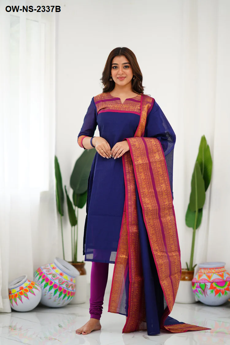 Silk Cotton Kurti and Dupatta with Intricate Weaving Work