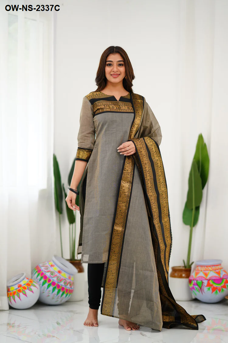 Silk Cotton Kurti and Dupatta with Intricate Weaving Work
