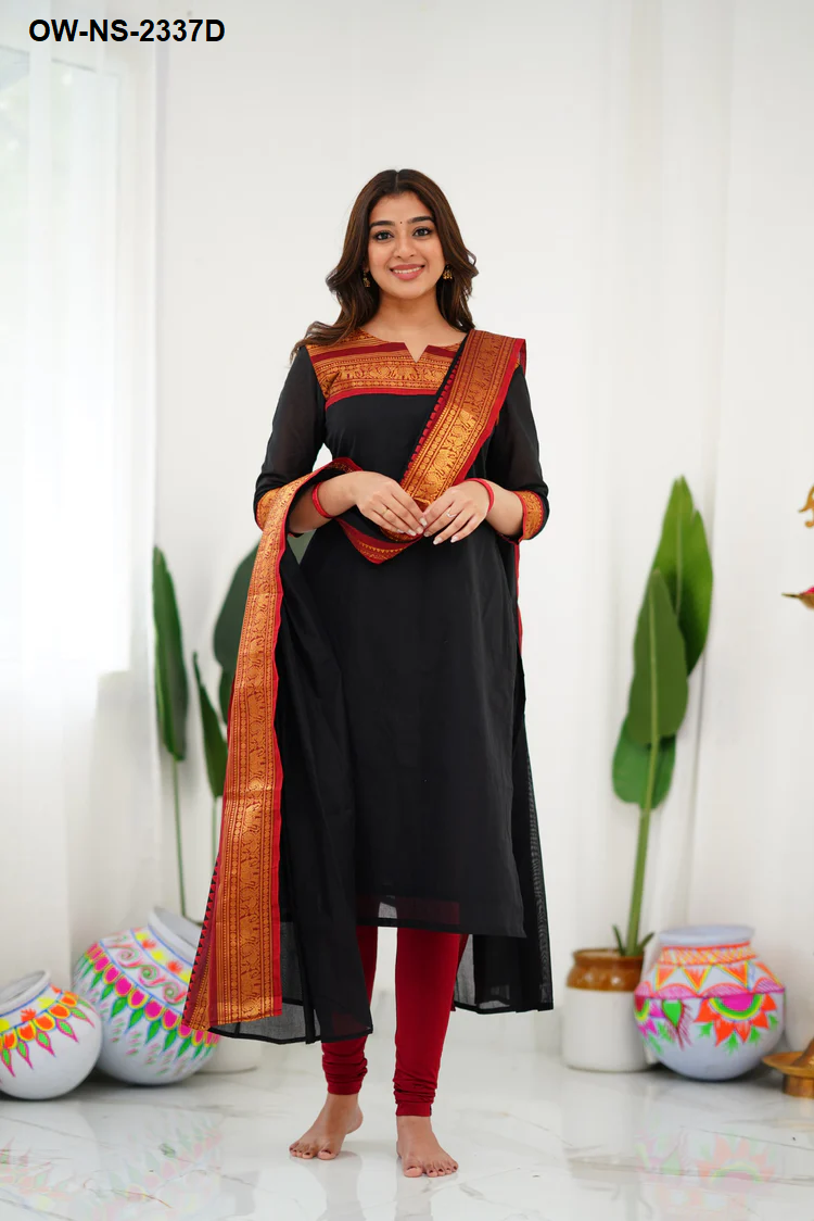 Silk Cotton Kurti and Dupatta with Intricate Weaving Work