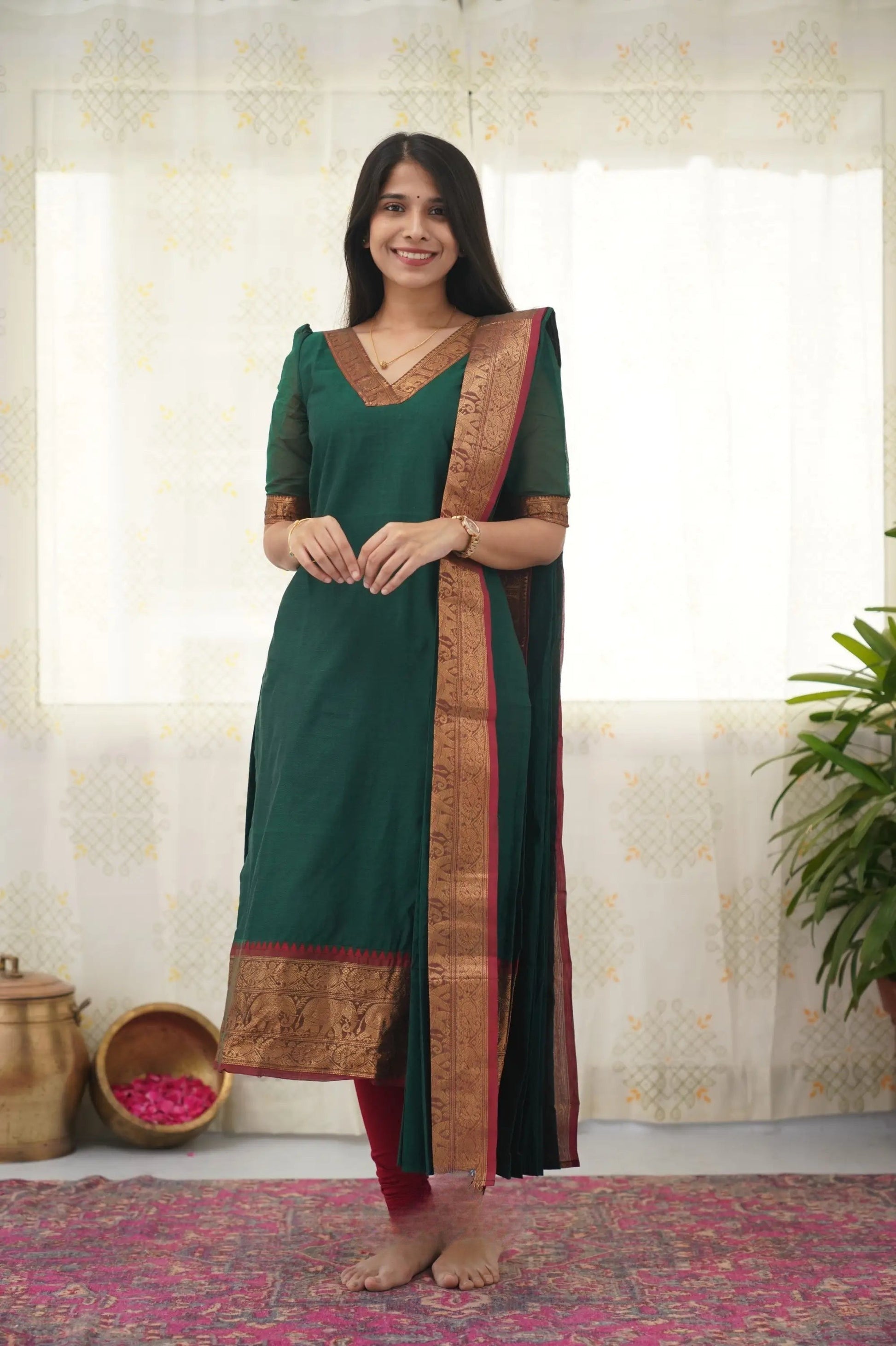 Silk Cotton Kurti and Dupatta Set with Intricate Weaving Work.