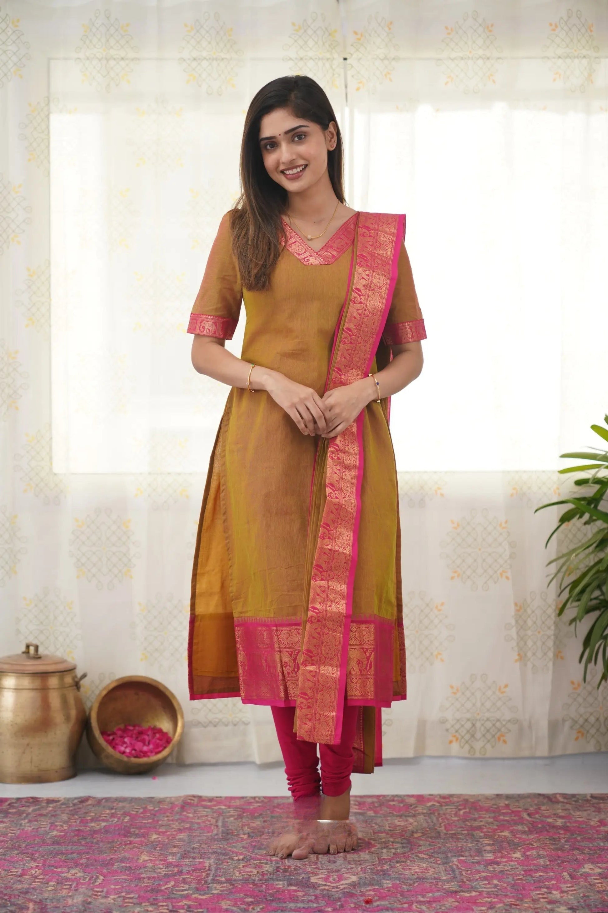Silk Cotton Kurti and Dupatta Set with Intricate Weaving Work.