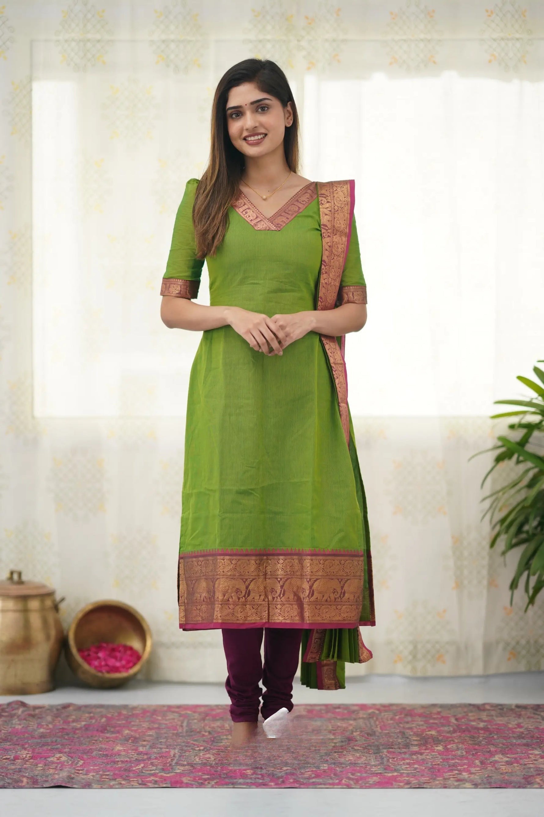 Silk Cotton Kurti and Dupatta Set with Intricate Weaving Work.