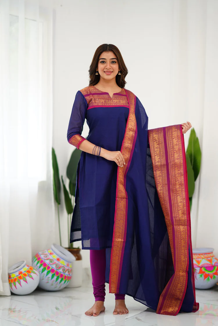 New Designer Silk Cotton Kurti and Dupatta with Intricate Weaving Work