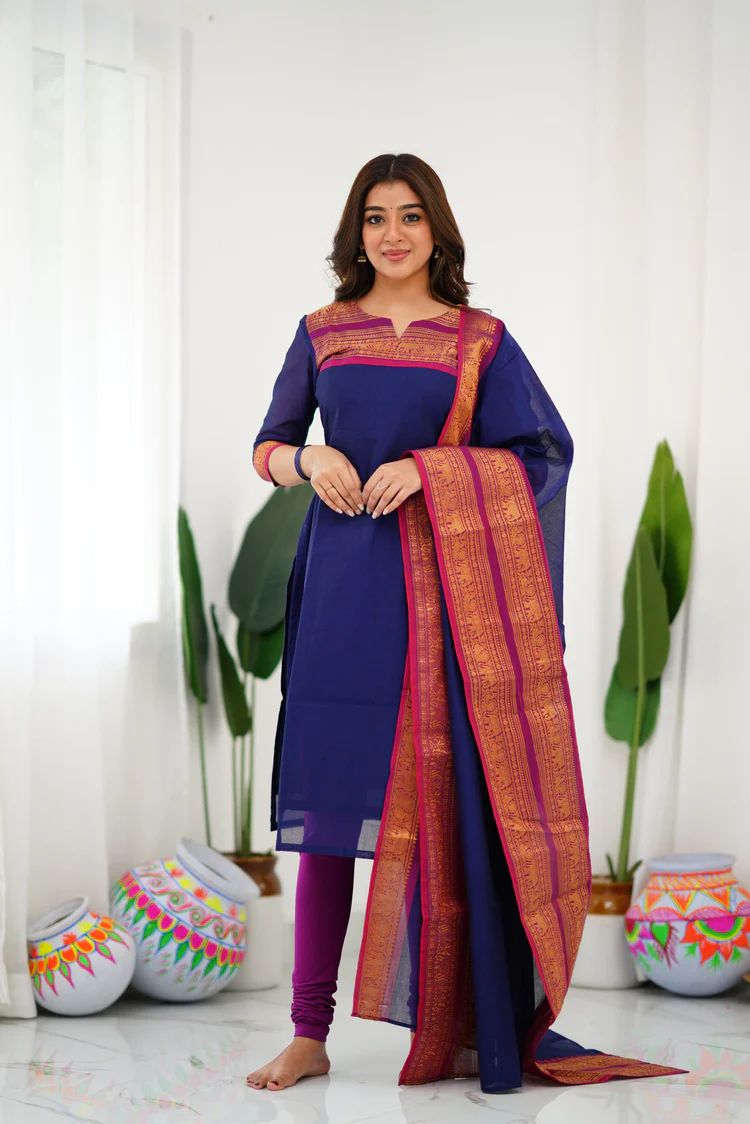 New Designer Silk Cotton Kurti and Dupatta with Intricate Weaving Work