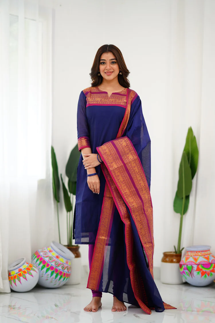 Classic Navy Blue Cotton Kurta Set with Pink Border – Timeless Elegance and Effortless Style.