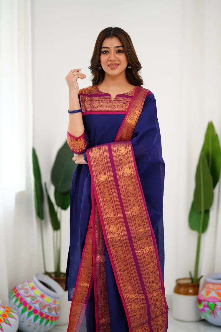 Classic Navy Blue Cotton Kurta Set with Pink Border – Timeless Elegance and Effortless Style.