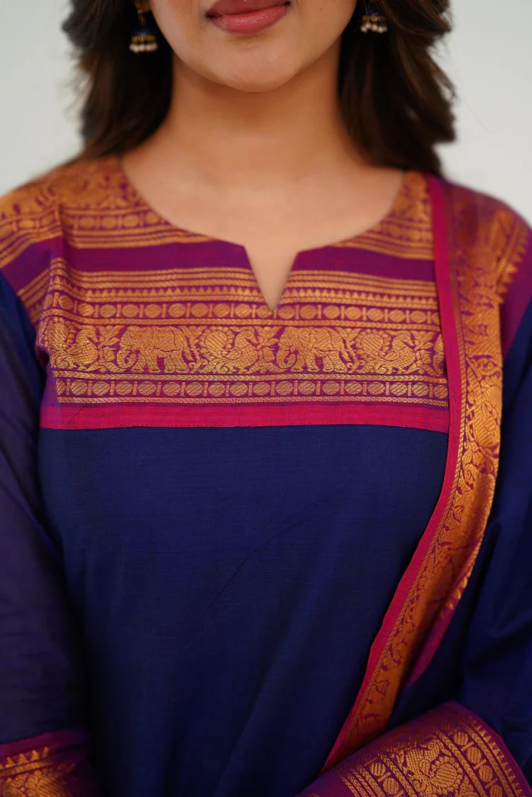 Classic Navy Blue Cotton Kurta Set with Pink Border – Timeless Elegance and Effortless Style.