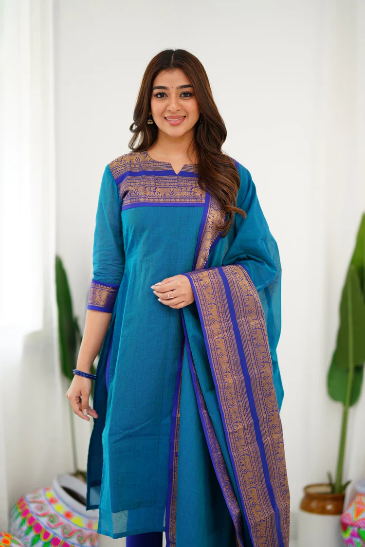 New Designer Silk Cotton Kurti and Dupatta with Intricate Weaving Work