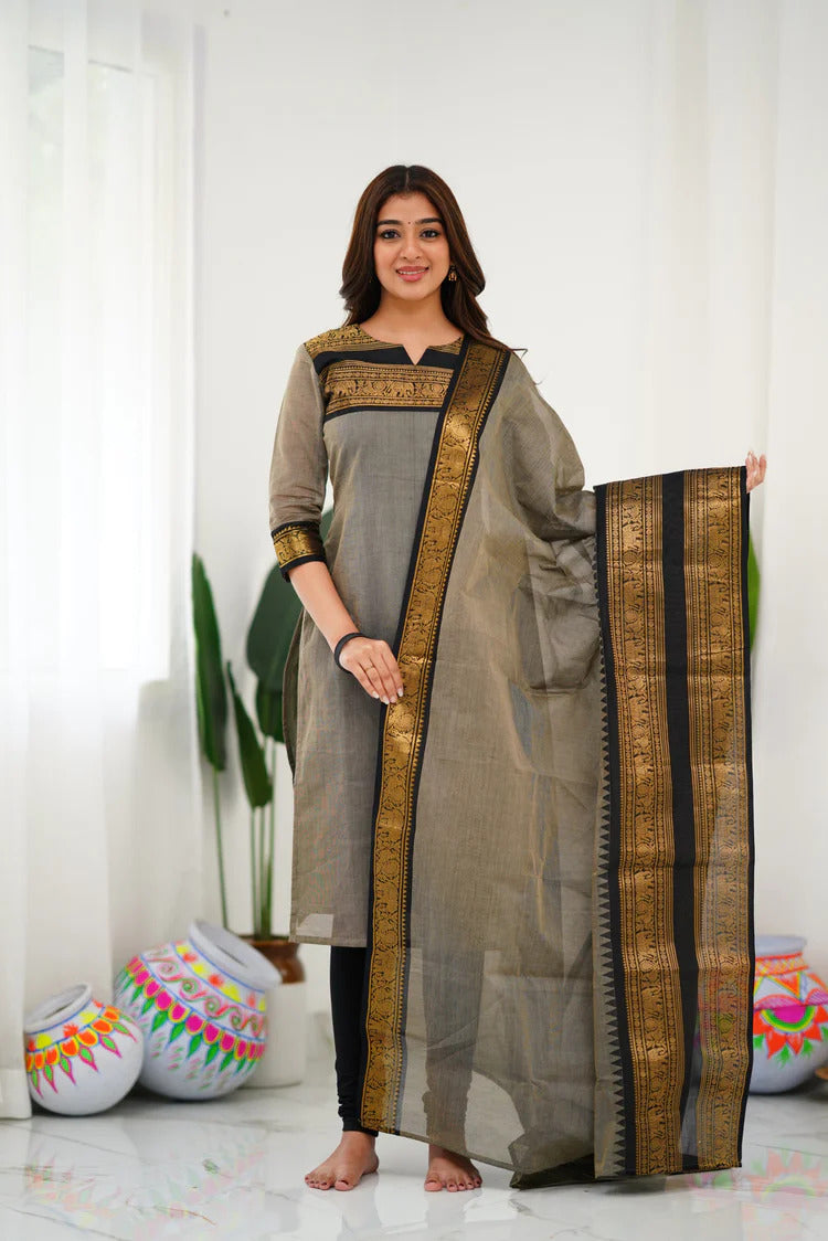 New Designer Silk Cotton Kurti and Dupatta with Intricate Weaving Work