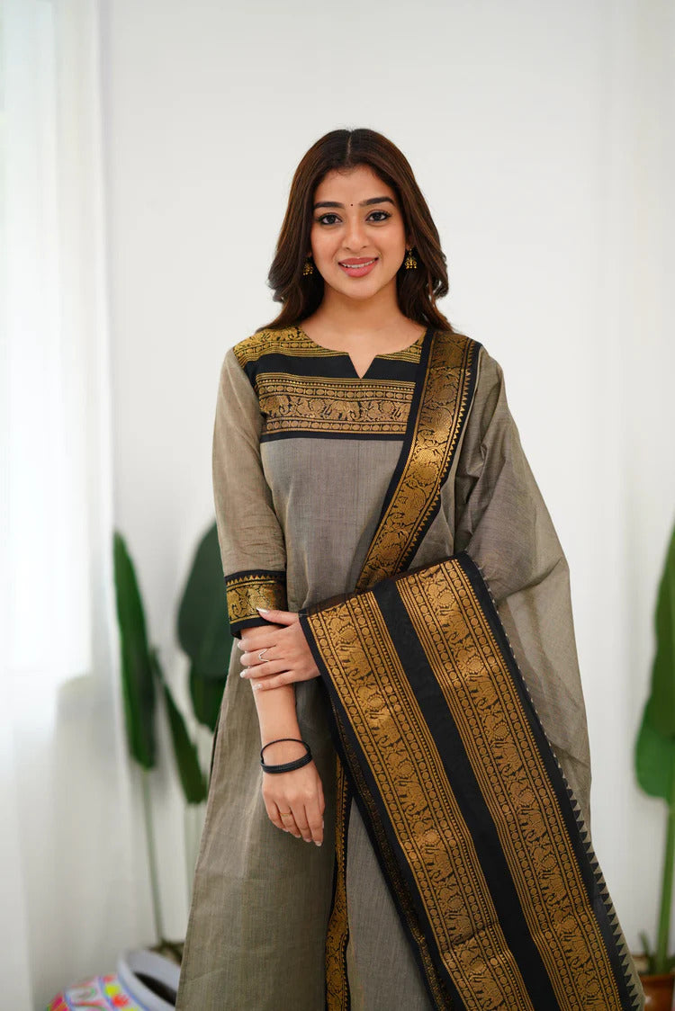 New Designer Silk Cotton Kurti and Dupatta with Intricate Weaving Work