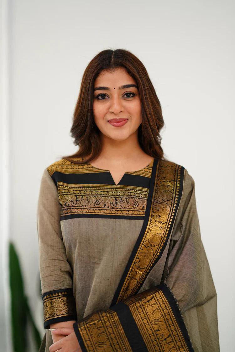 New Designer Silk Cotton Kurti and Dupatta with Intricate Weaving Work
