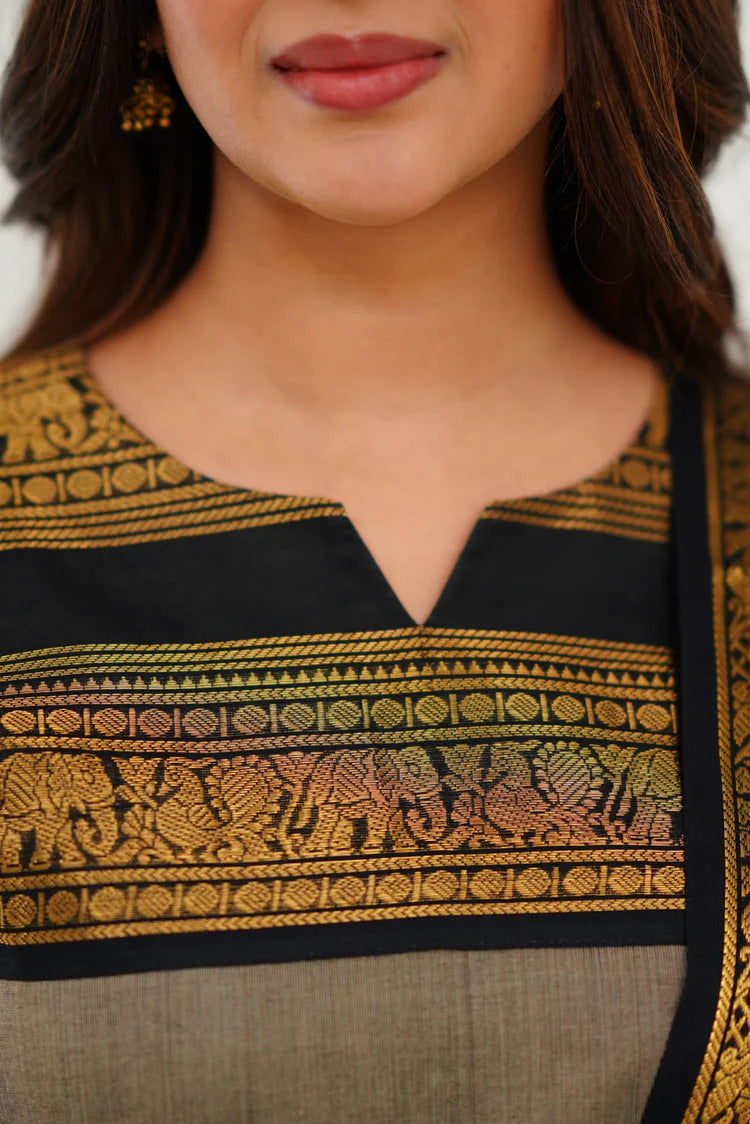 Silk Cotton Kurti and Dupatta with Intricate Weaving Work