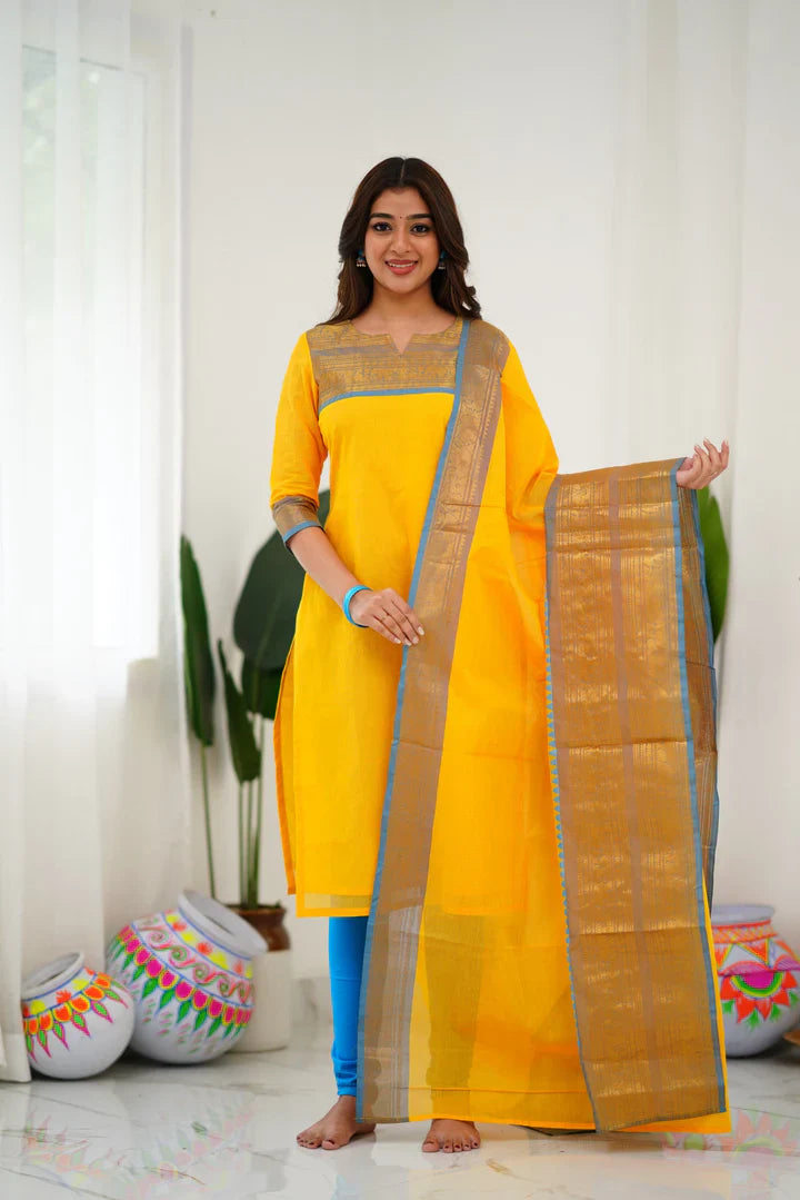 Silk Cotton Kurti and Dupatta with Intricate Weaving Work