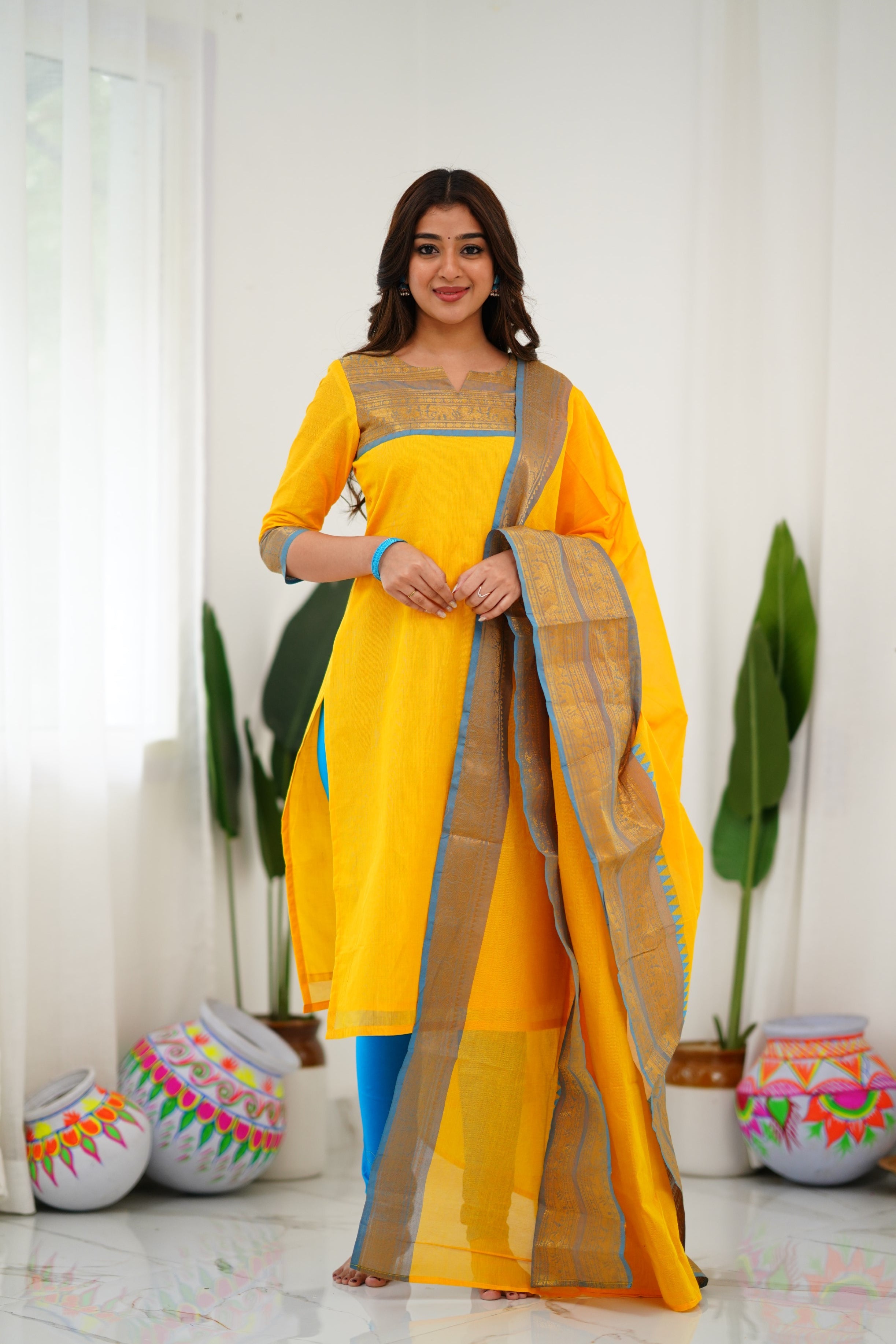 New Designer Silk Cotton Kurti and Dupatta with Intricate Weaving Work