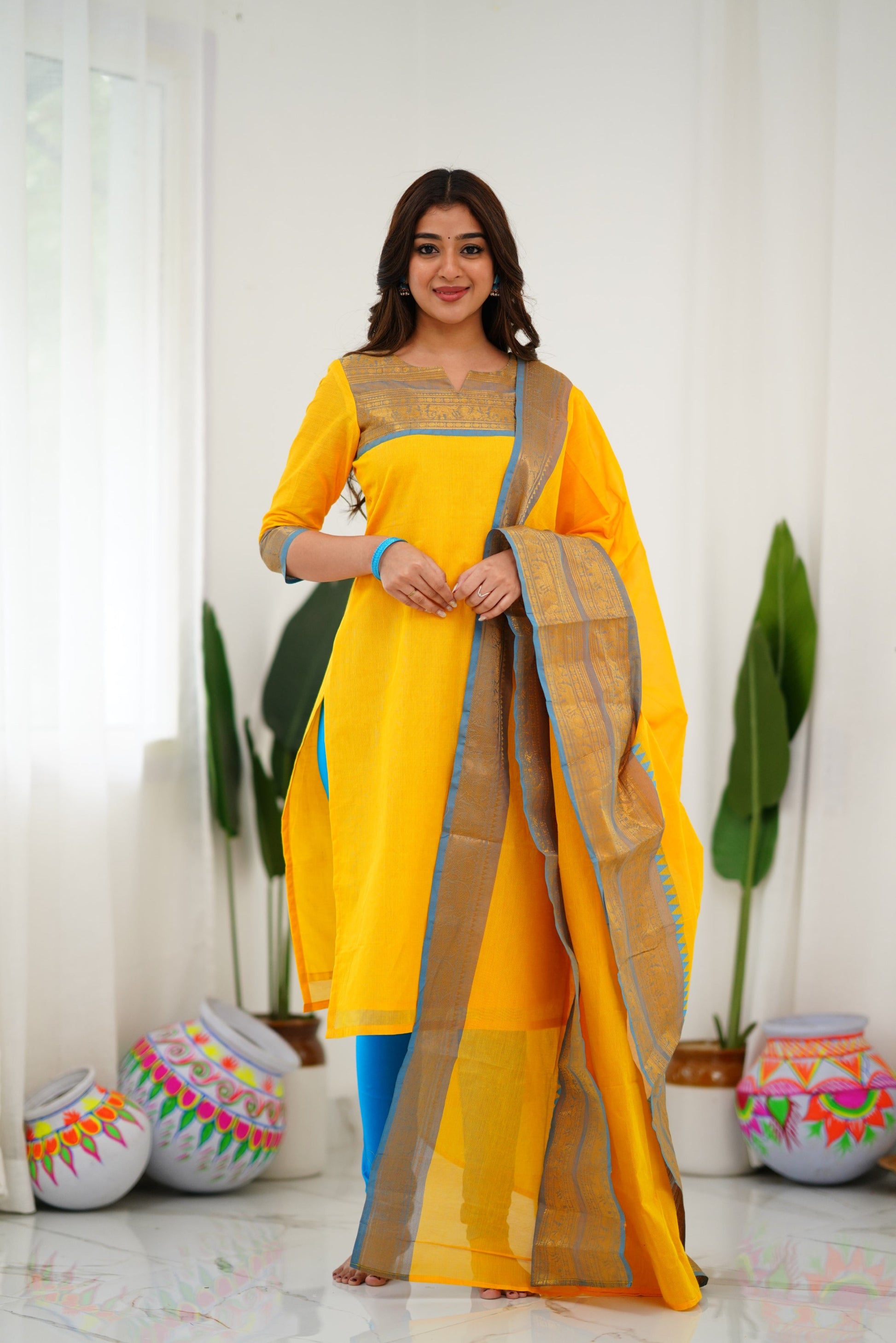 New Designer Silk Cotton Kurti and Dupatta with Intricate Weaving Work