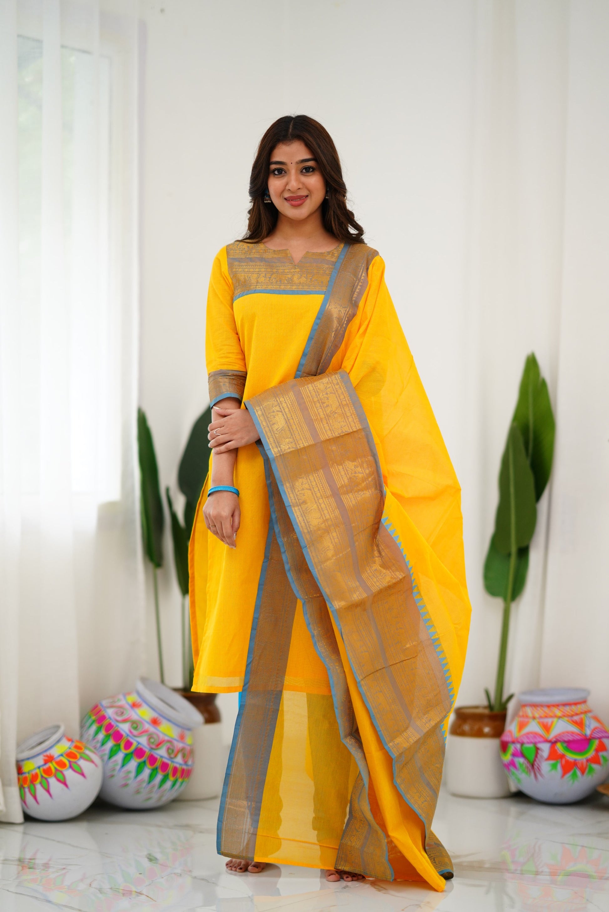 New Designer Silk Cotton Kurti and Dupatta with Intricate Weaving Work