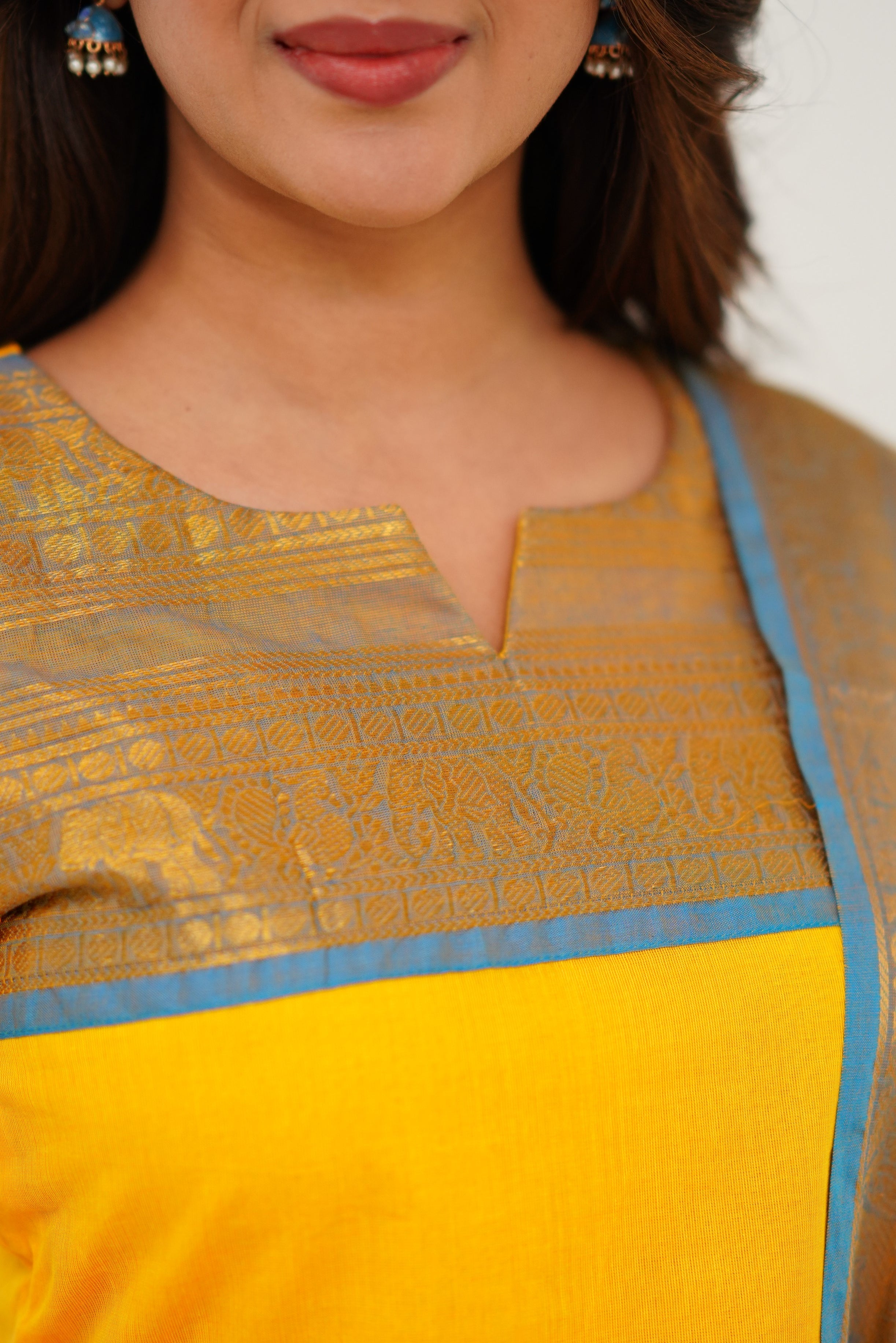 Sunny Yellow Cotton Kurta Set with Blue Border – Bold, Beautiful, and Timeless