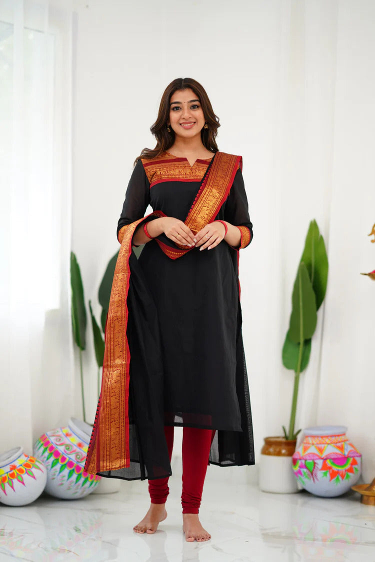 New Designer Silk Cotton Kurti and Dupatta with Intricate Weaving Work