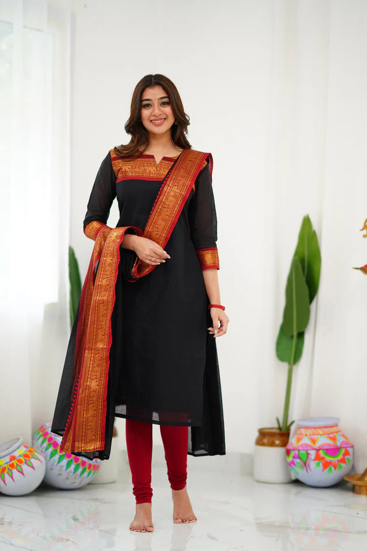Stunning Black Cotton Kurta Set with Red Border – Effortless Style and Vibrant Contrast