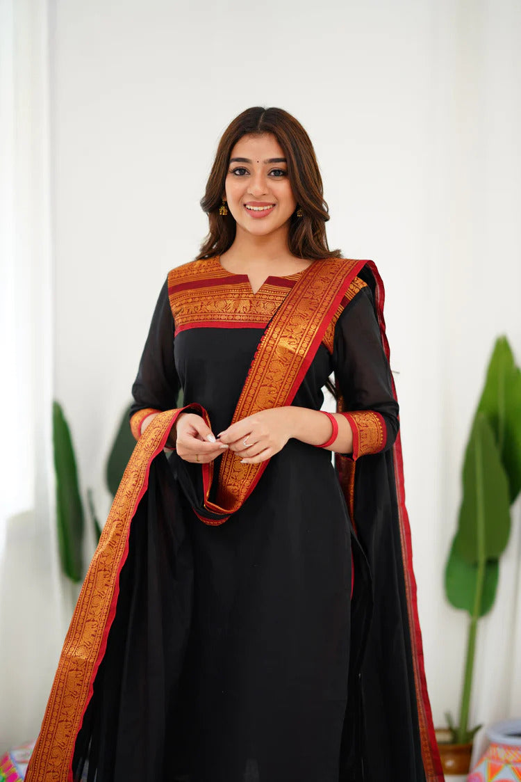 New Designer Silk Cotton Kurti and Dupatta with Intricate Weaving Work