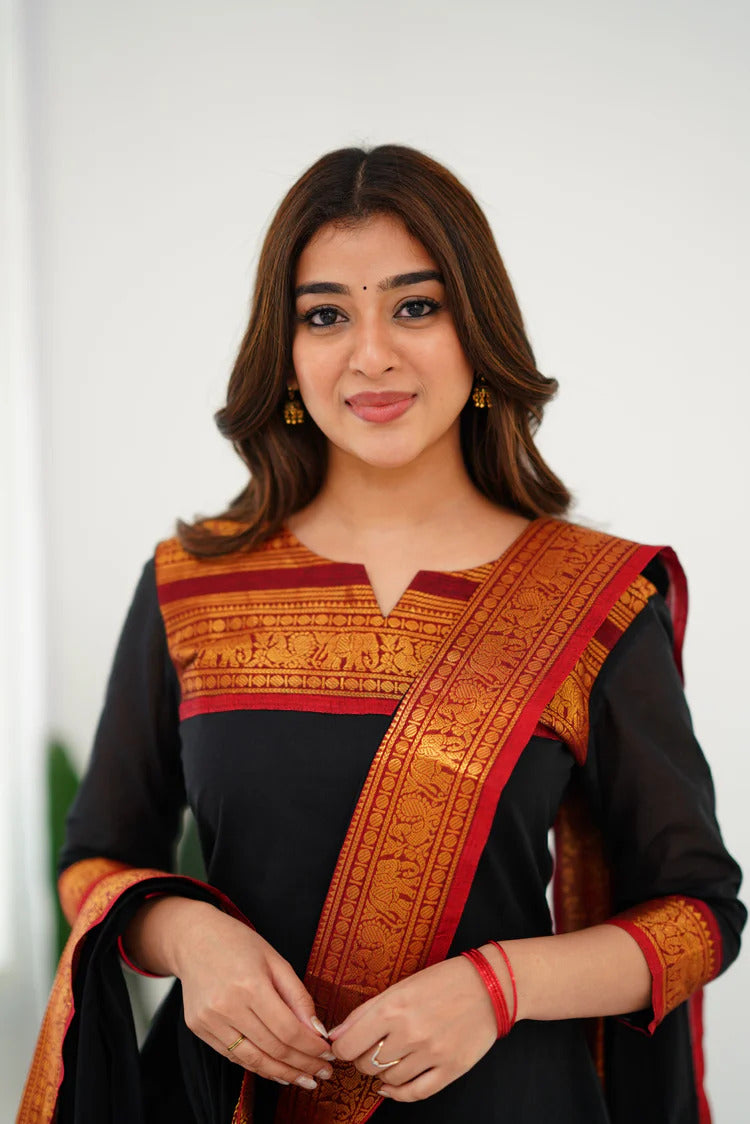 New Designer Silk Cotton Kurti and Dupatta with Intricate Weaving Work