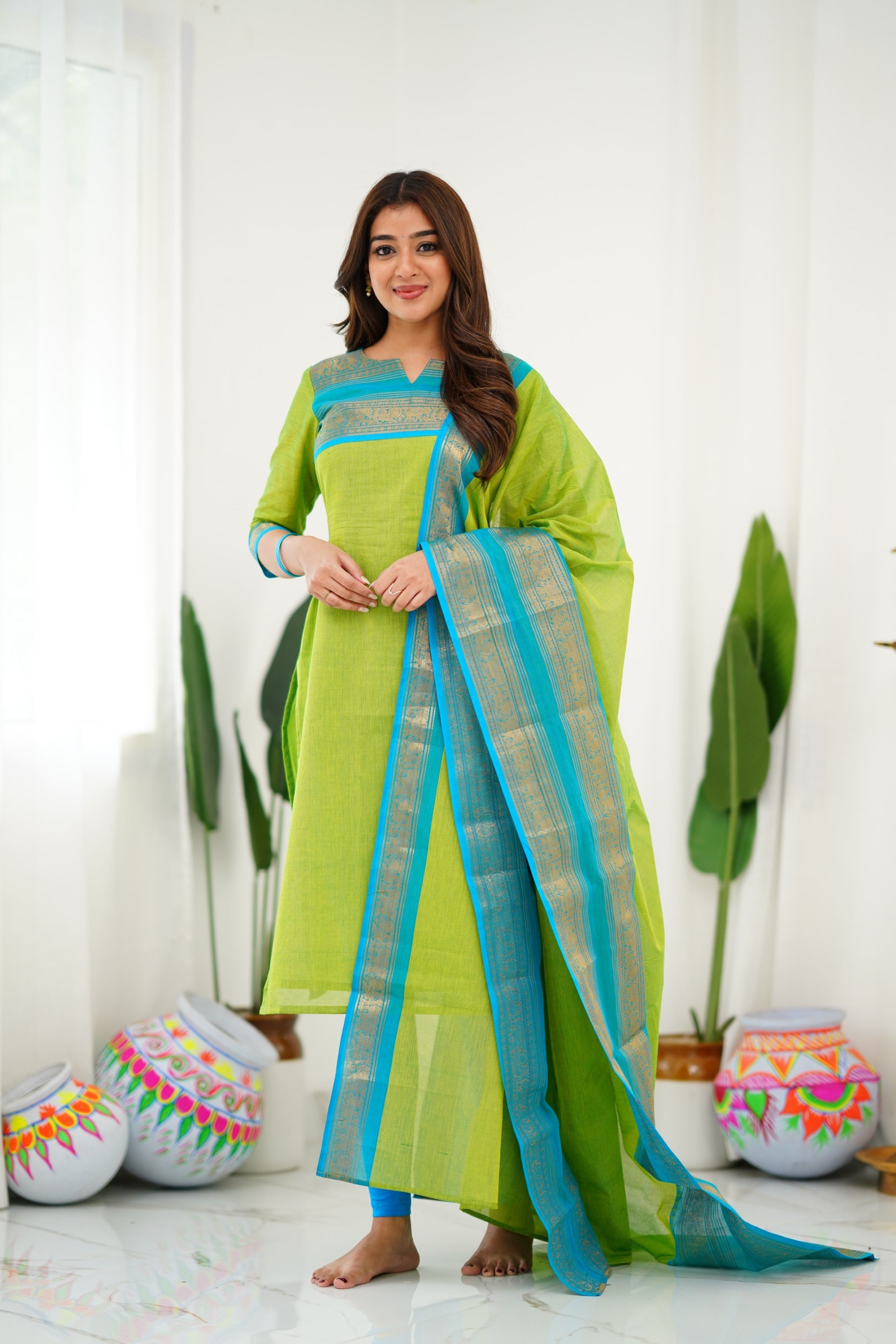 New Designer Silk Cotton Kurti and Dupatta with Intricate Weaving Work