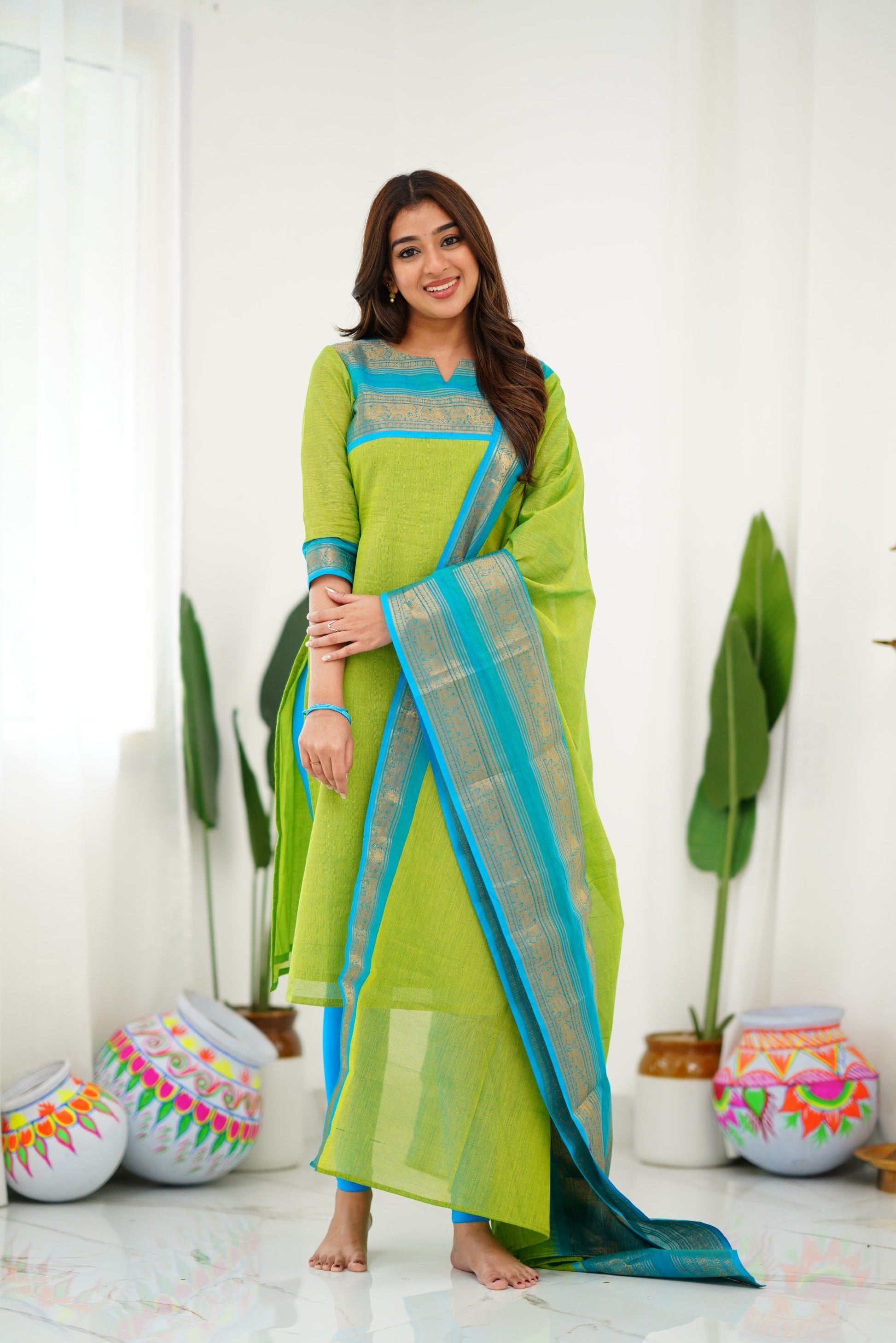 Delicate Light Green Cotton Kurta Set with Pink Border – Perfect for Every Day