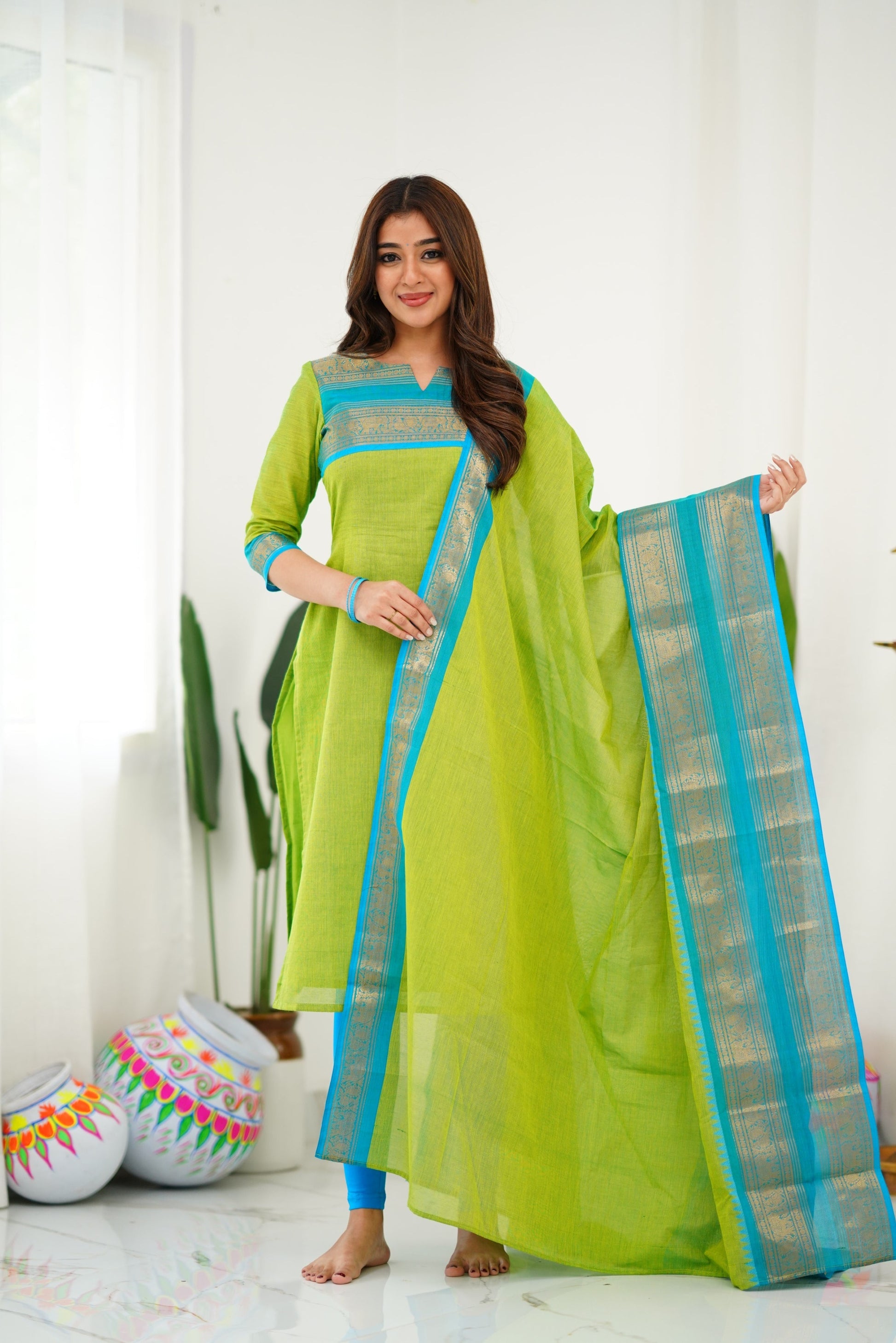 Delicate Light Green Cotton Kurta Set with Pink Border – Perfect for Every Day
