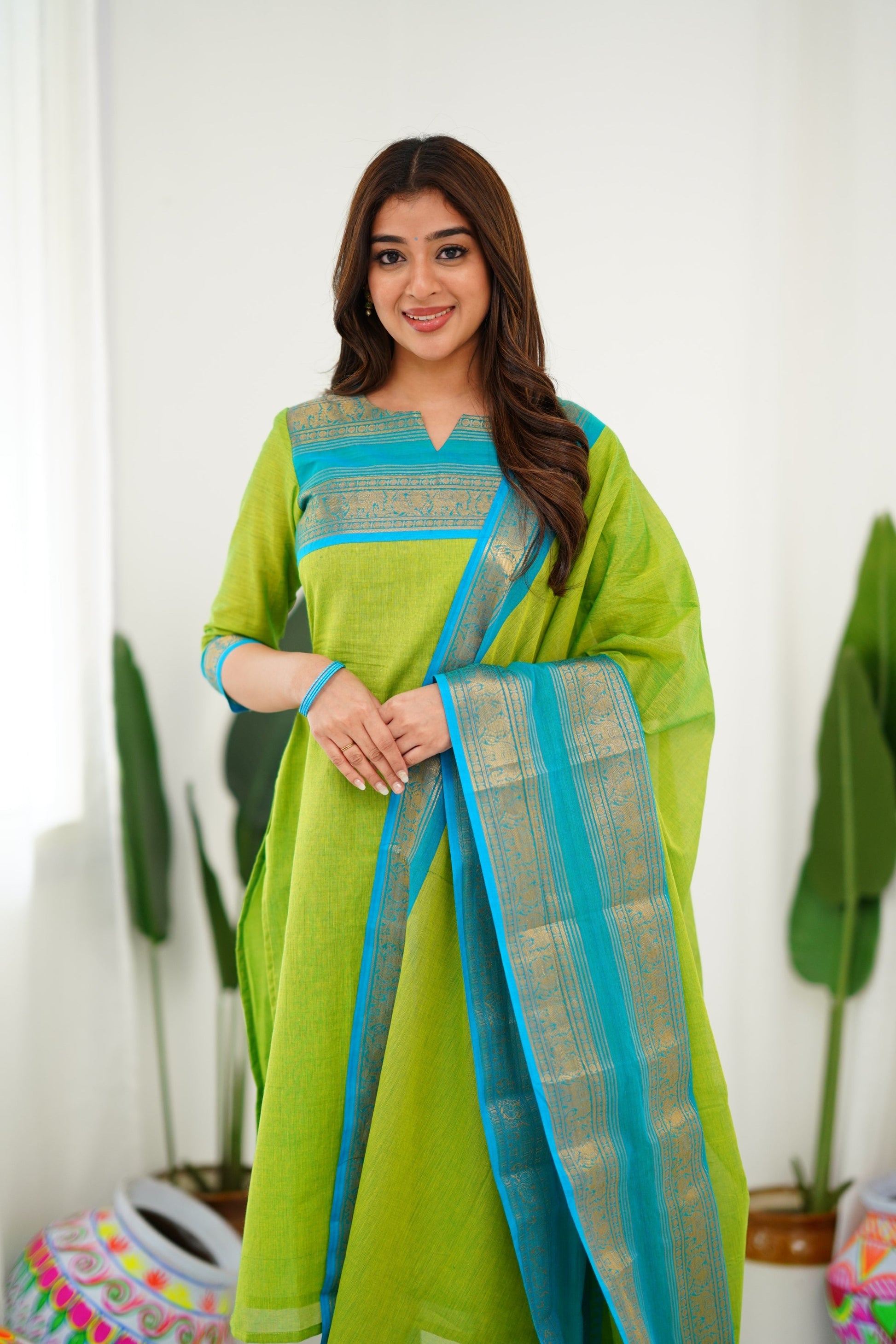 Delicate Light Green Cotton Kurta Set with Pink Border – Perfect for Every Day
