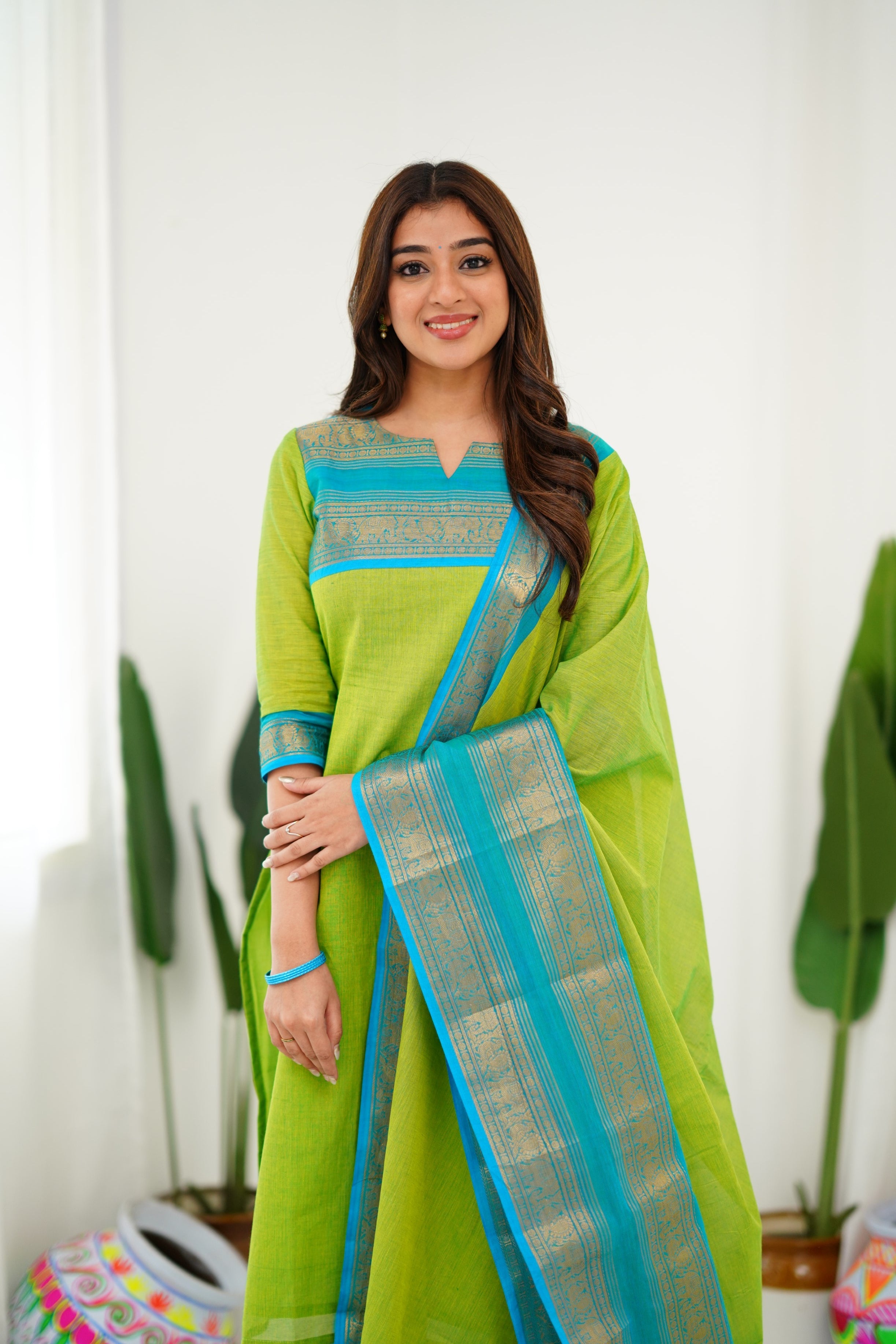New Designer Silk Cotton Kurti and Dupatta with Intricate Weaving Work