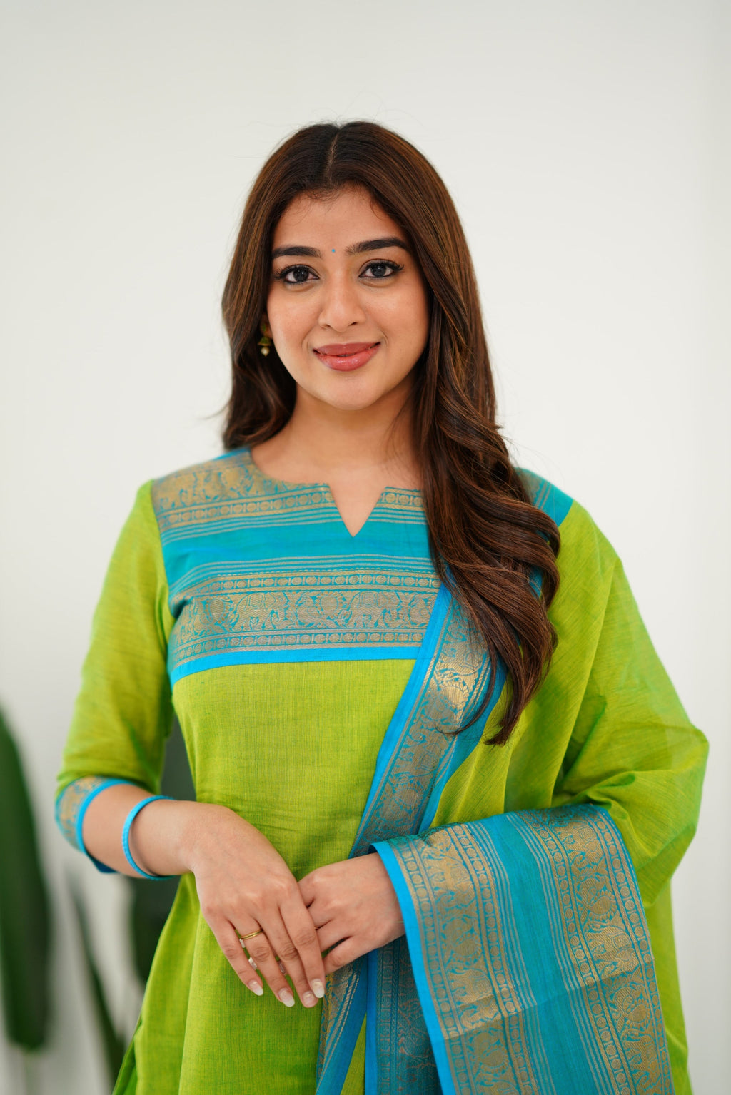 Delicate Light Green Cotton Kurta Set with Pink Border – Perfect for Every Day