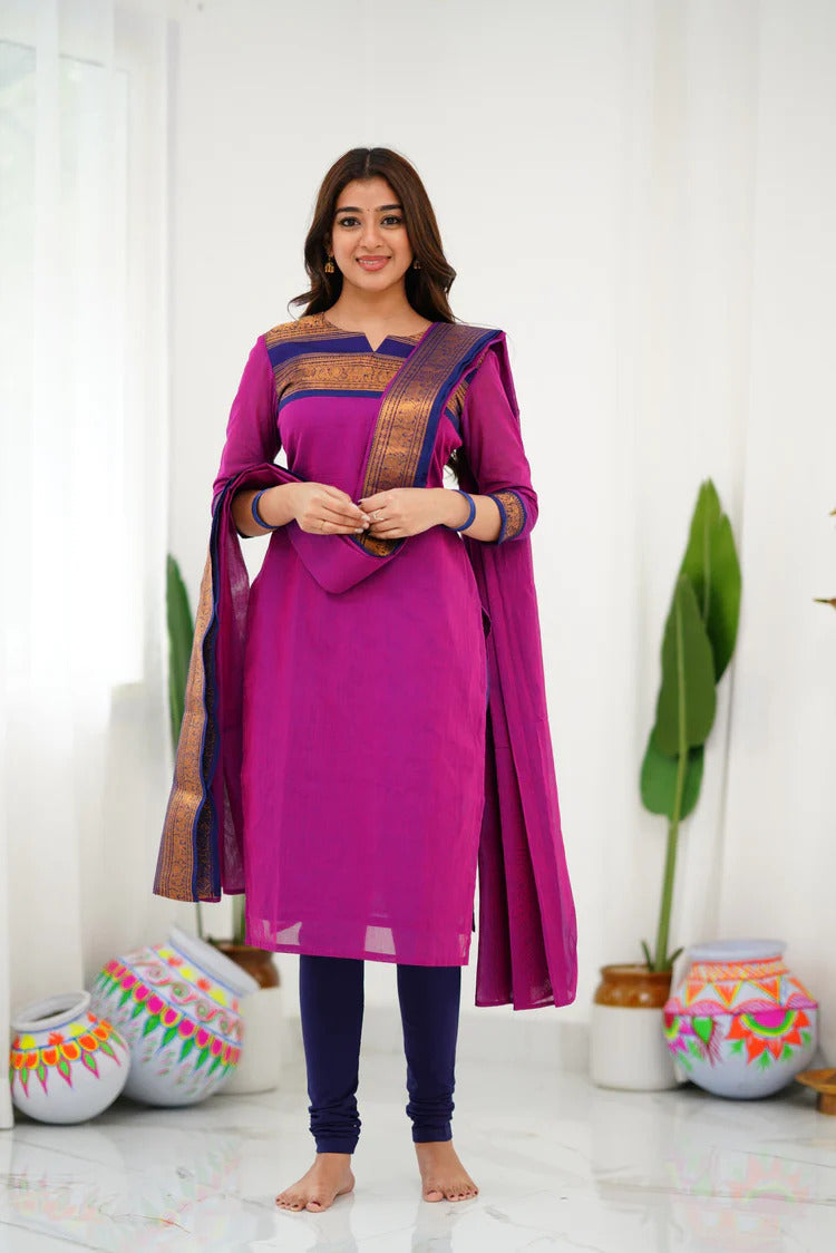 New Designer Silk Cotton Kurti and Dupatta with Intricate Weaving Work