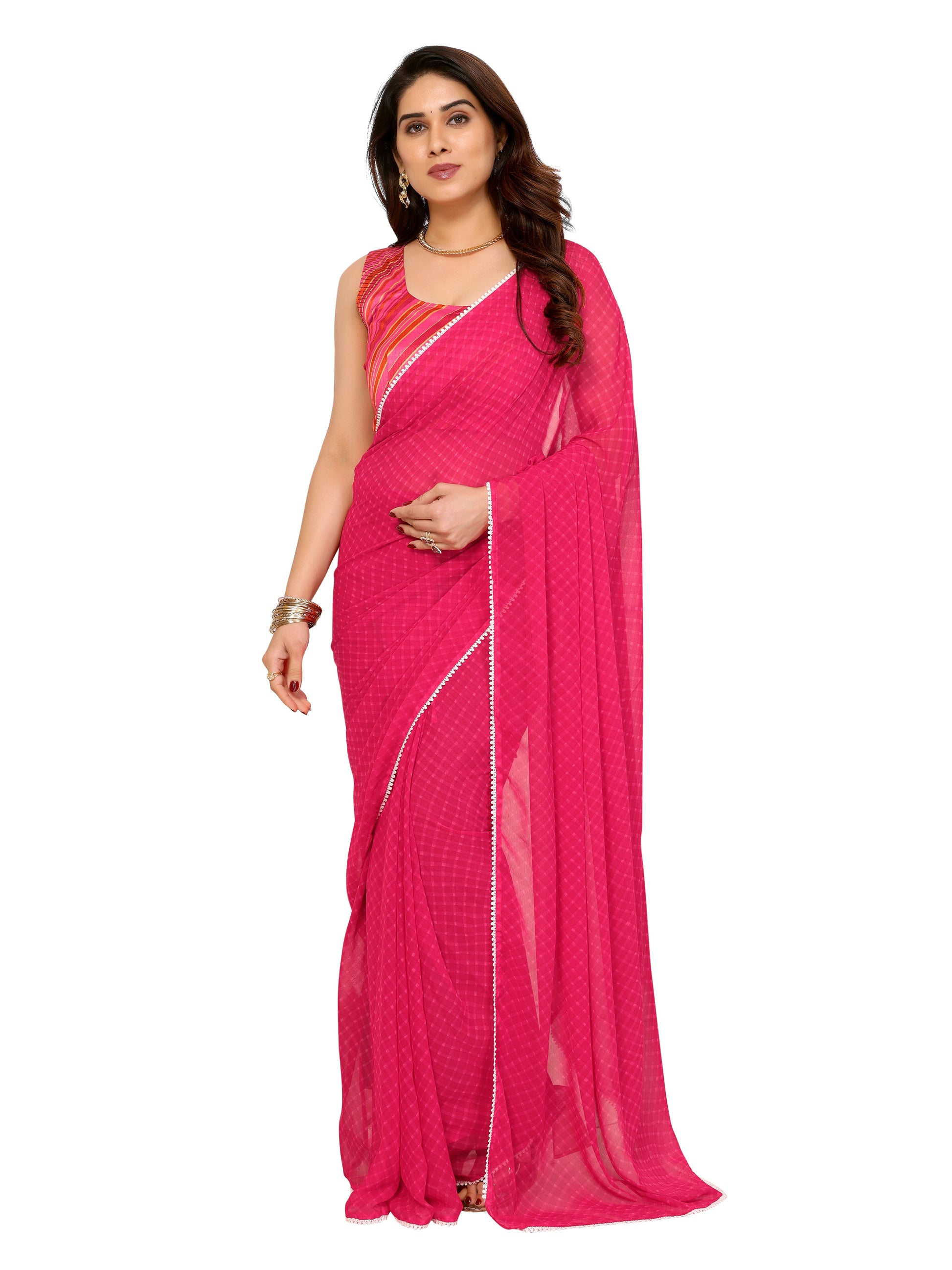 Ready to Wear Pink Color Printed Georgette Saree with Lace
