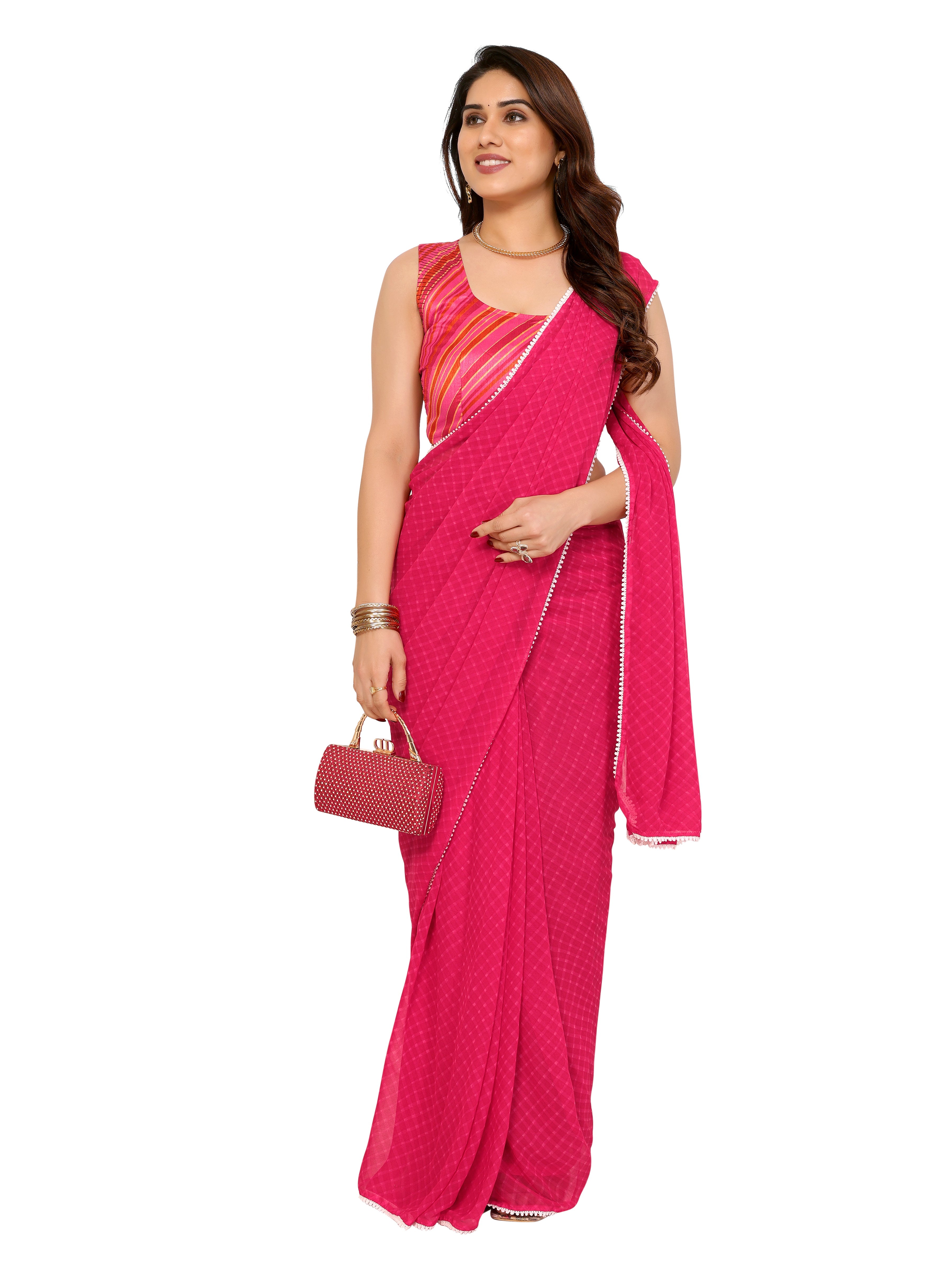 Ready to Wear Pink Color Printed Georgette Saree with Lace