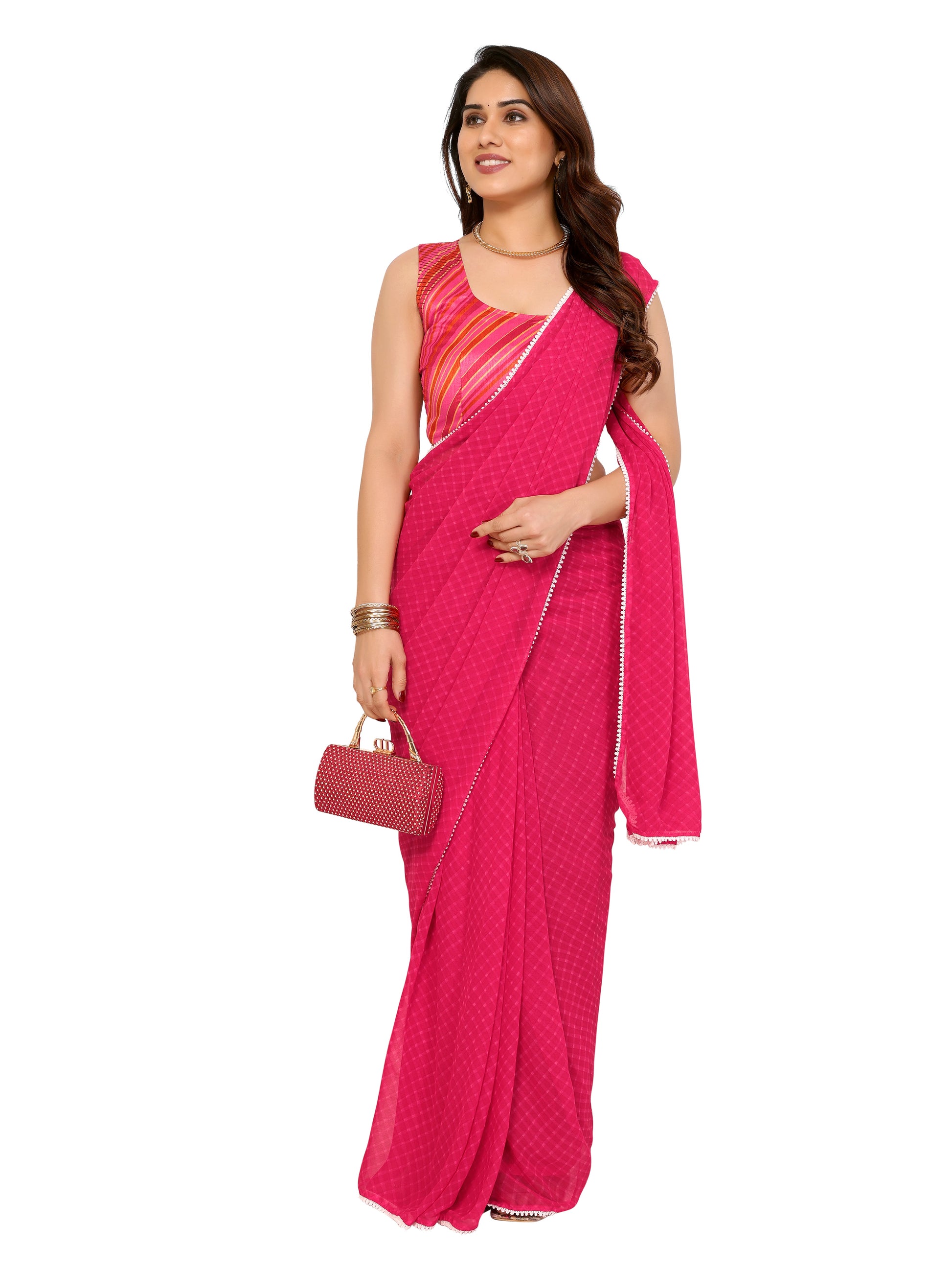 Ready to Wear Pink Color Printed Georgette Saree with Lace