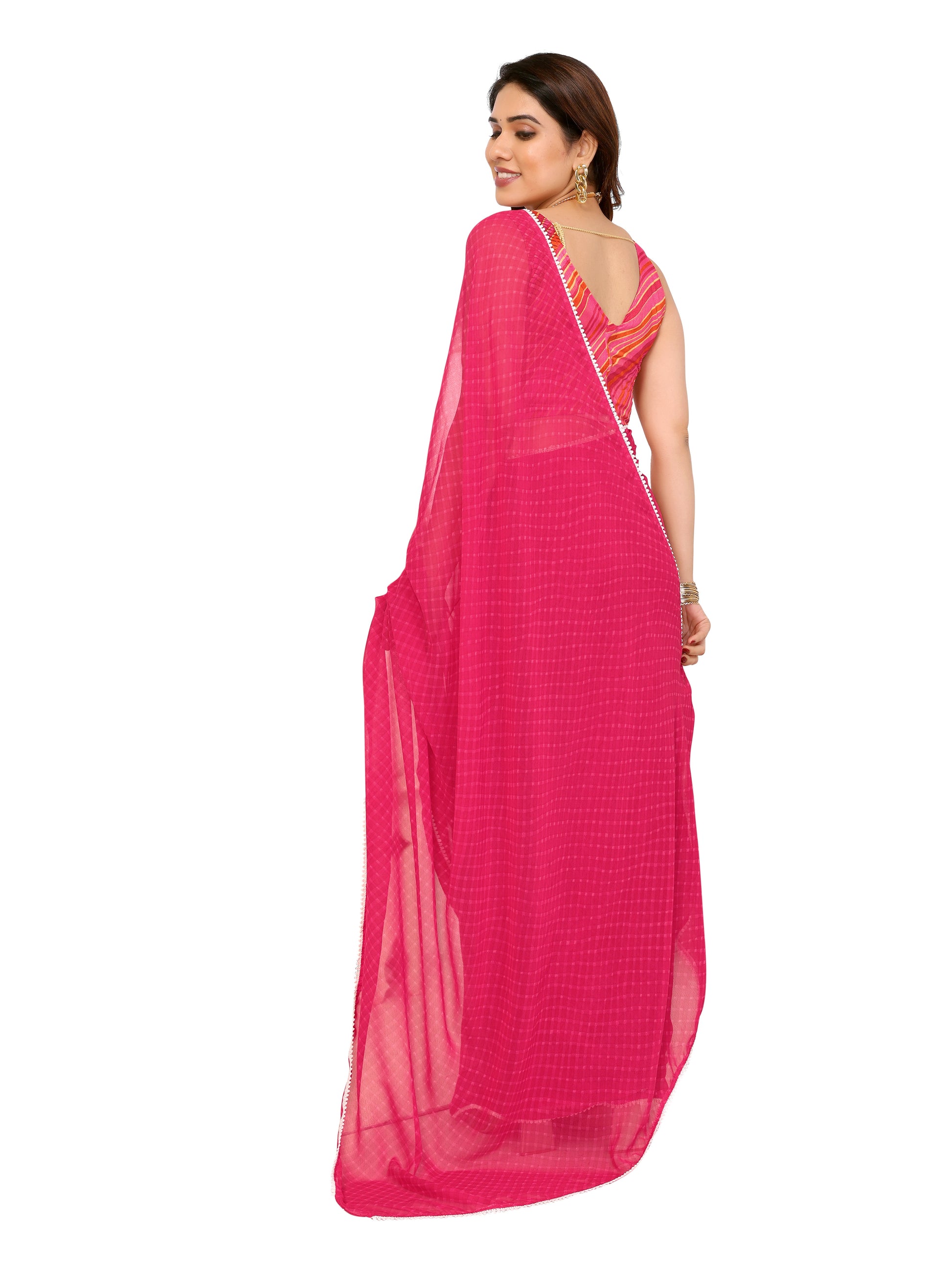 Ready to Wear Pink Color Printed Georgette Saree with Lace