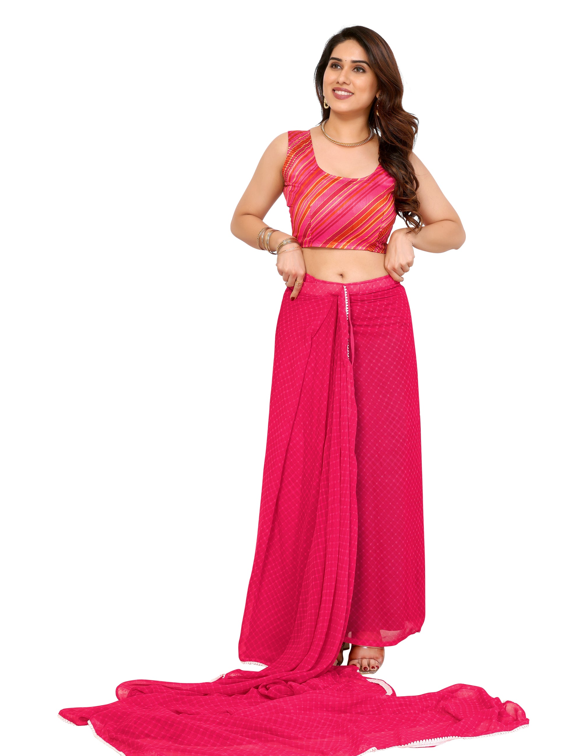 Ready to Wear Pink Color Printed Georgette Saree with Lace