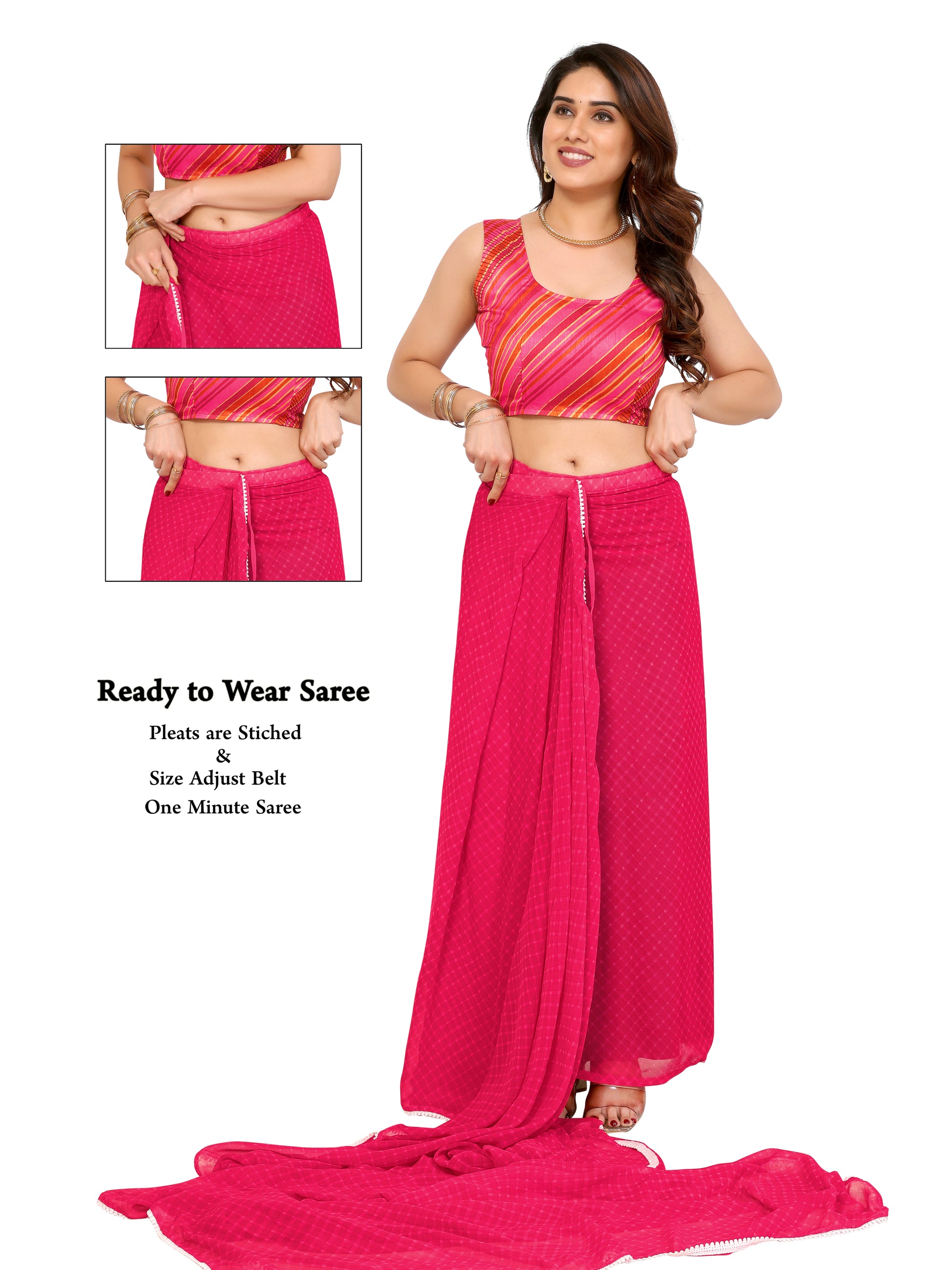 Ready to Wear Pink Color Printed Georgette Saree with Lace